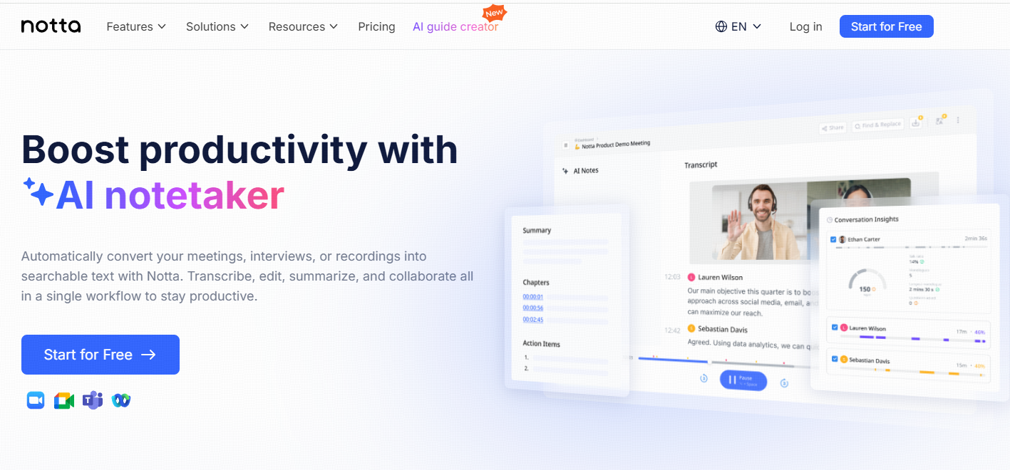 18. Notta: Best for summarizing meeting transcripts