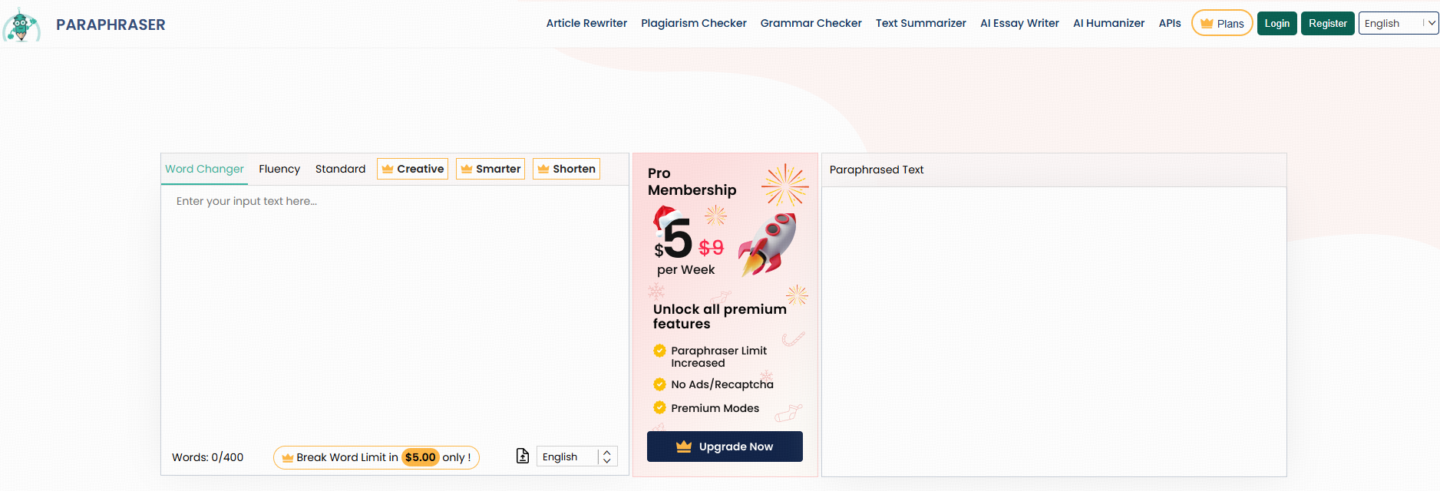 19. Paraphraser.io: Best free long-form summary length text summarizer