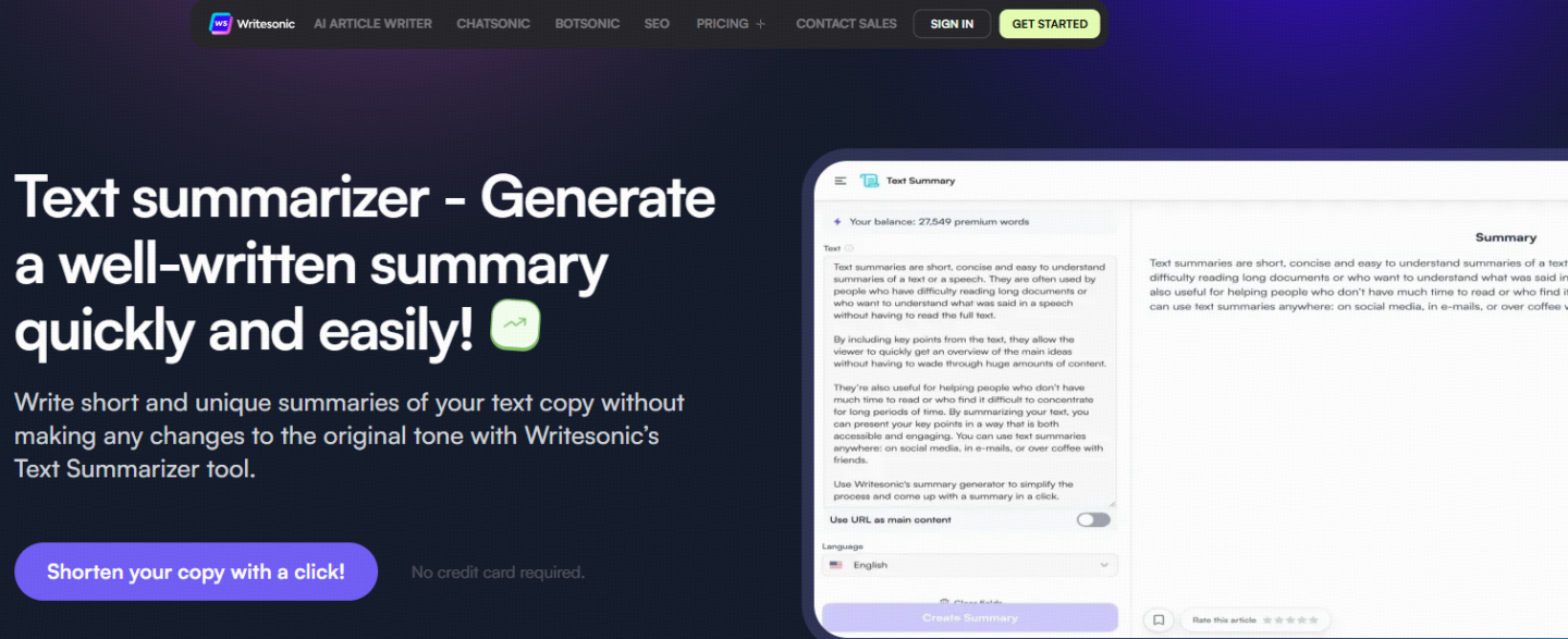 Writesonic: Best AI Text Summarizer for Concise Summaries