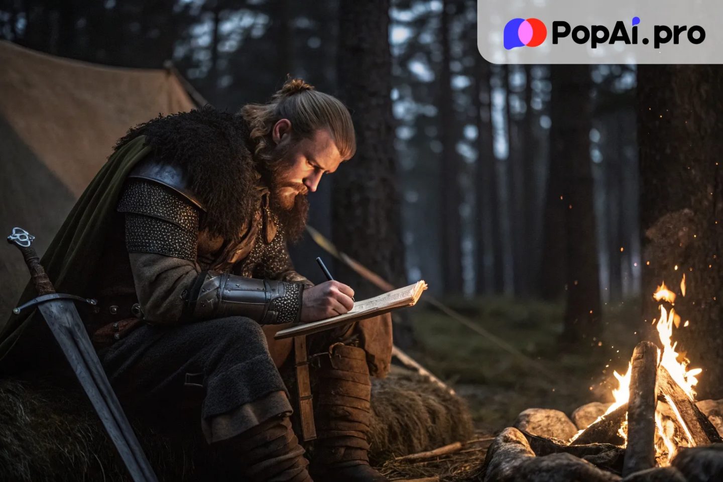 A fierce warrior sitting by a campfire, writing in an ancient leather