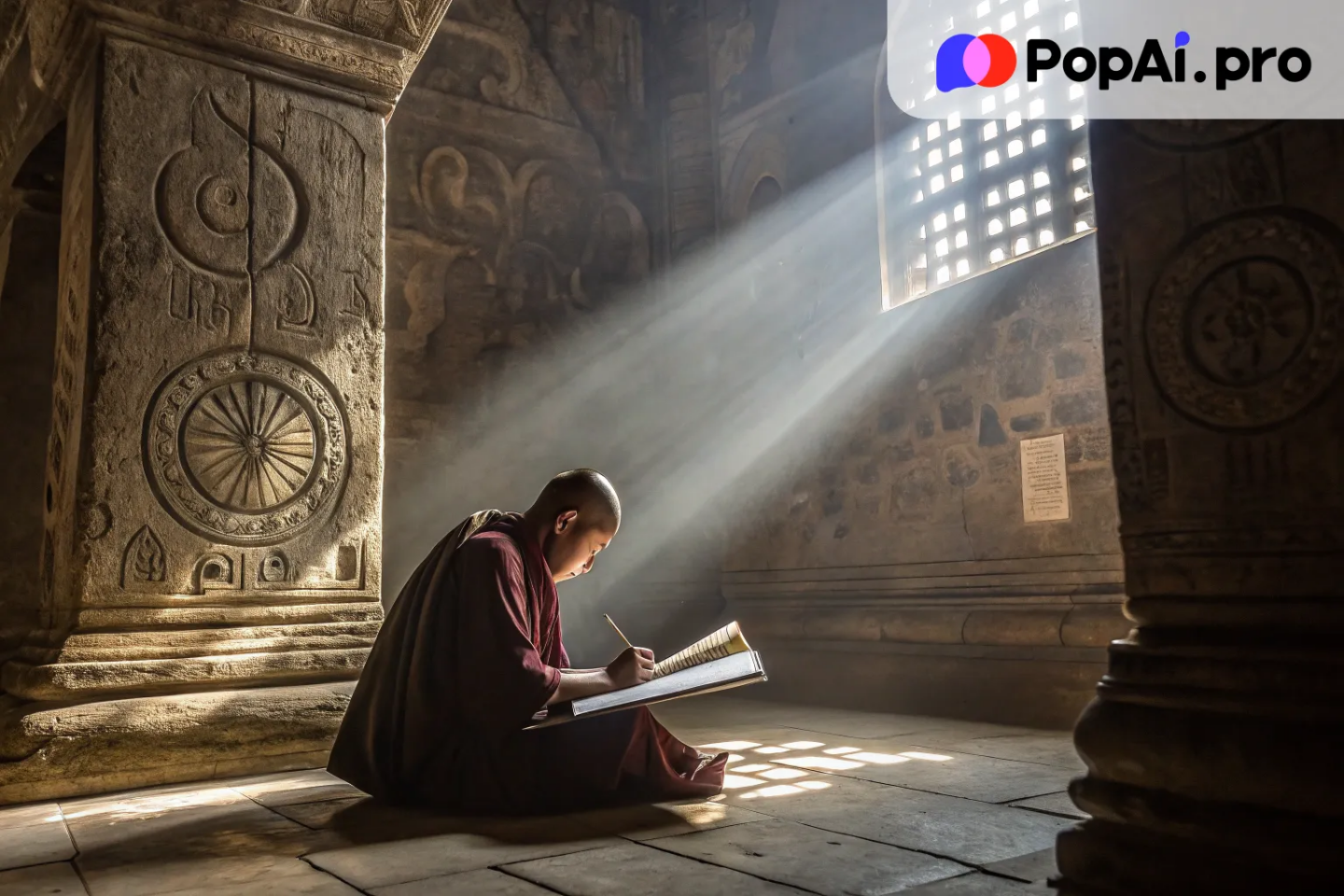 A warrior in a quiet, serene temple, sitting cross-legged with a quill in hand