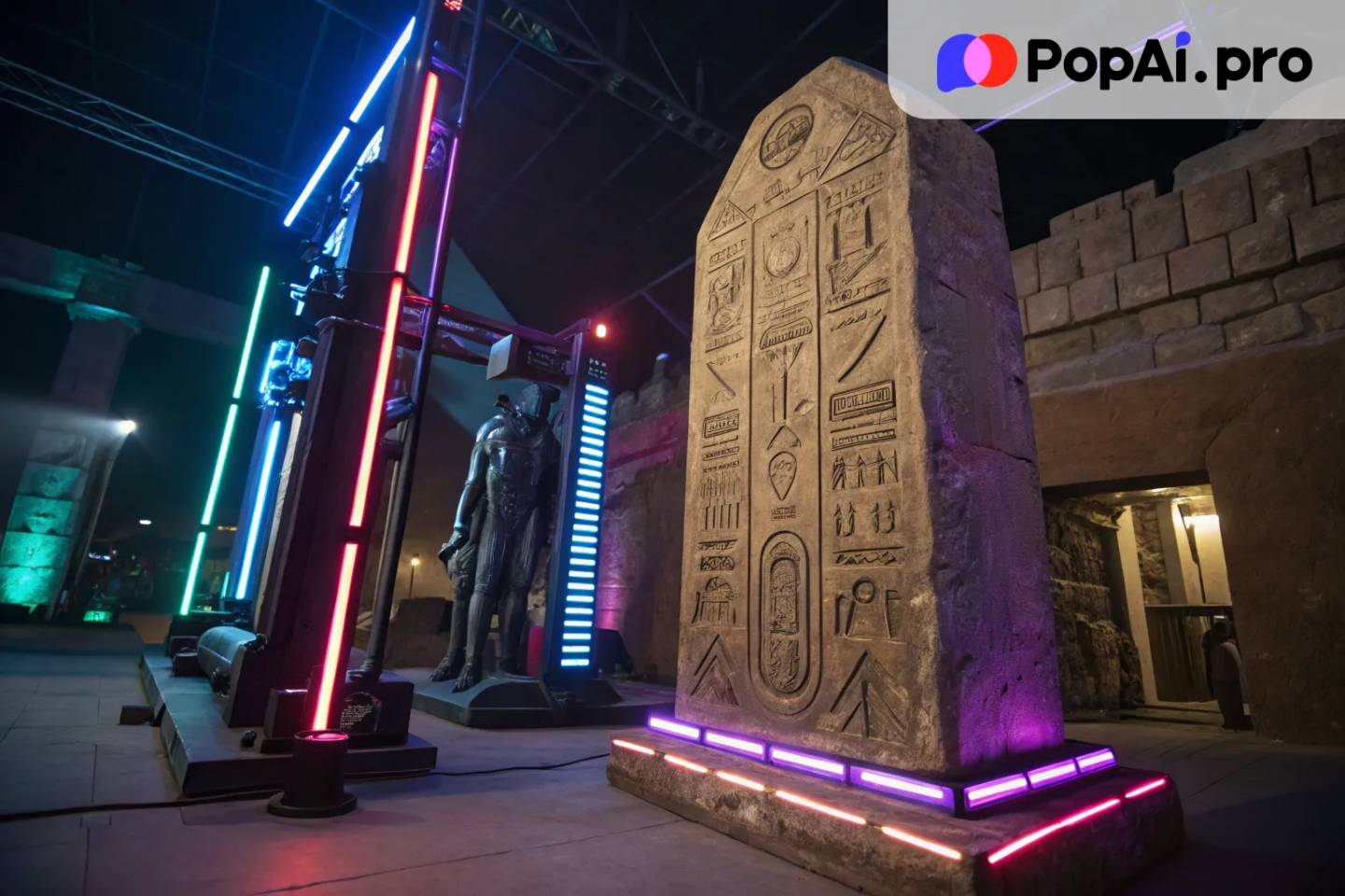 An ancient stone tablet illuminated by neon lights, surrounded by high-tech machinery
