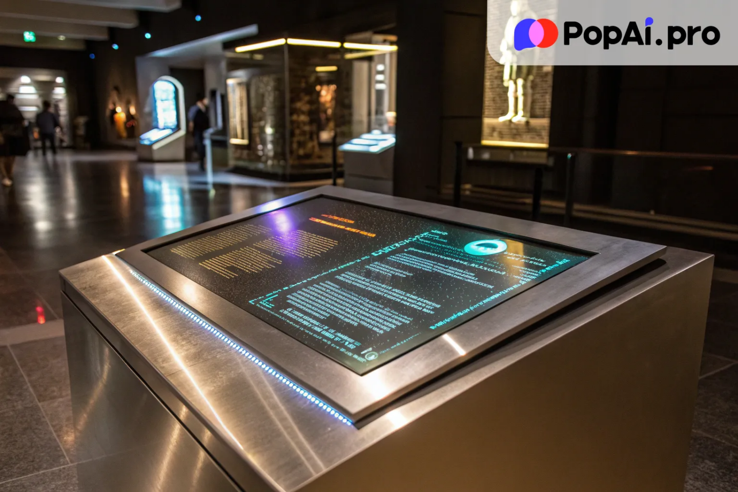 A futuristic holographic version of an ancient tablet, floating above a sleek, metallic surface