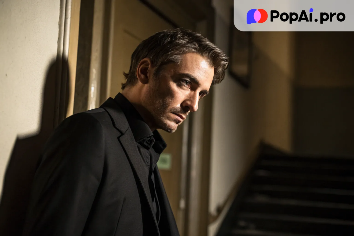 attractive man, mysterious look, black suit, dim lighting, photorealistic
