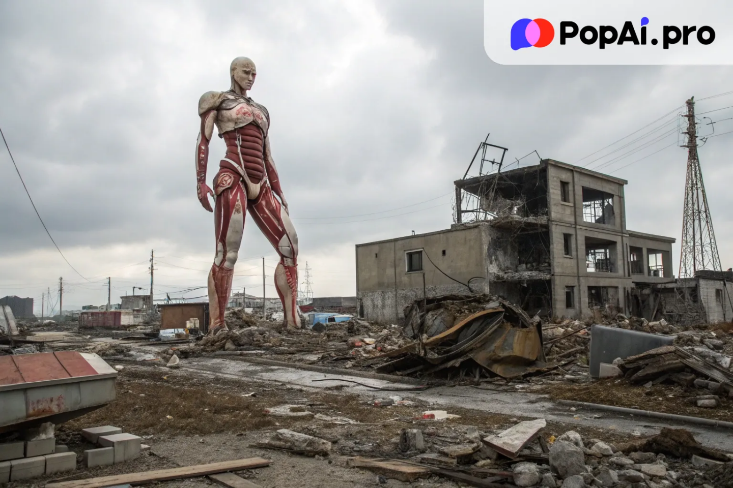 A colossal female Titan, standing amidst a ruined battlefield