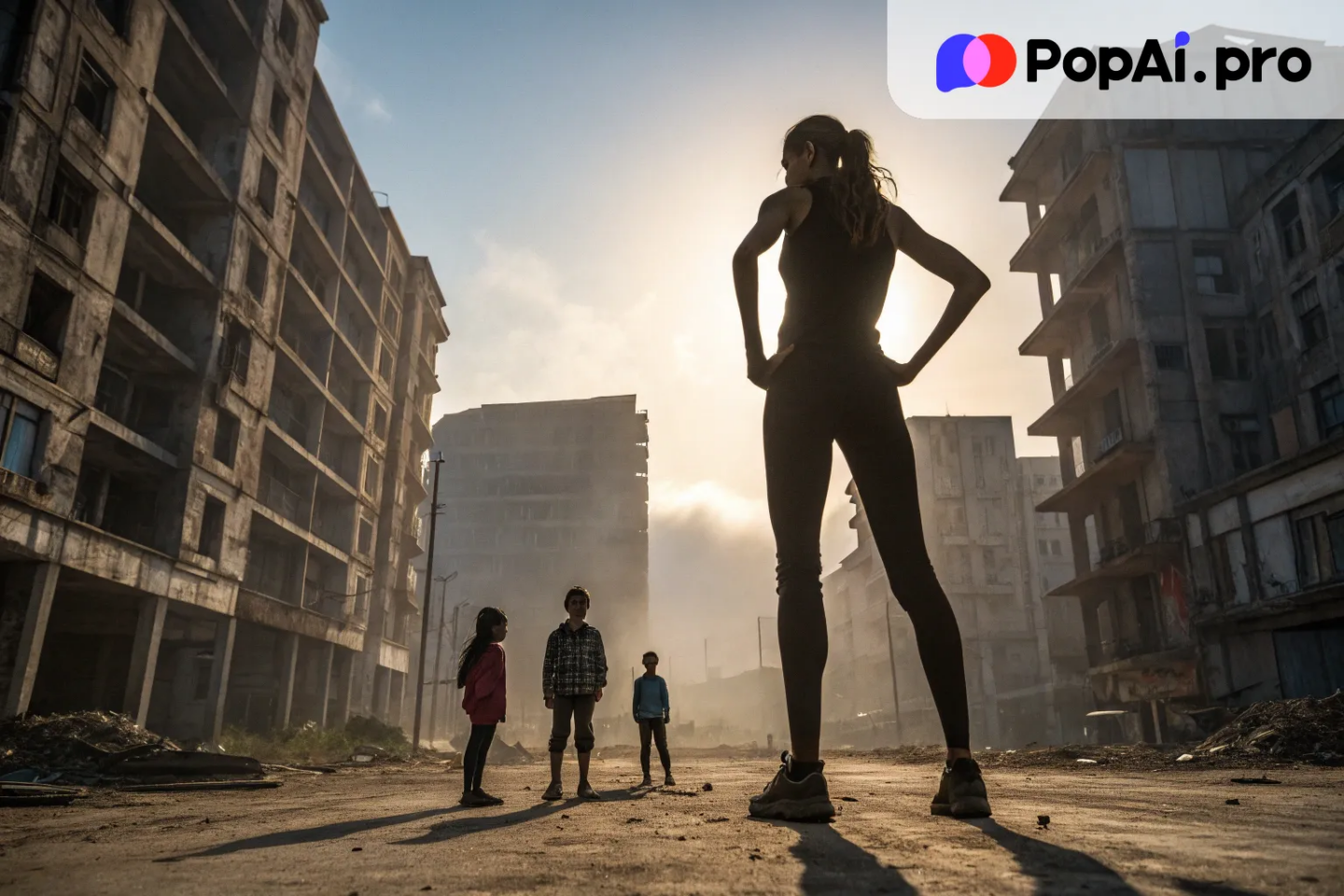 A giantess with an athletic build, standing in the middle of a deserted city