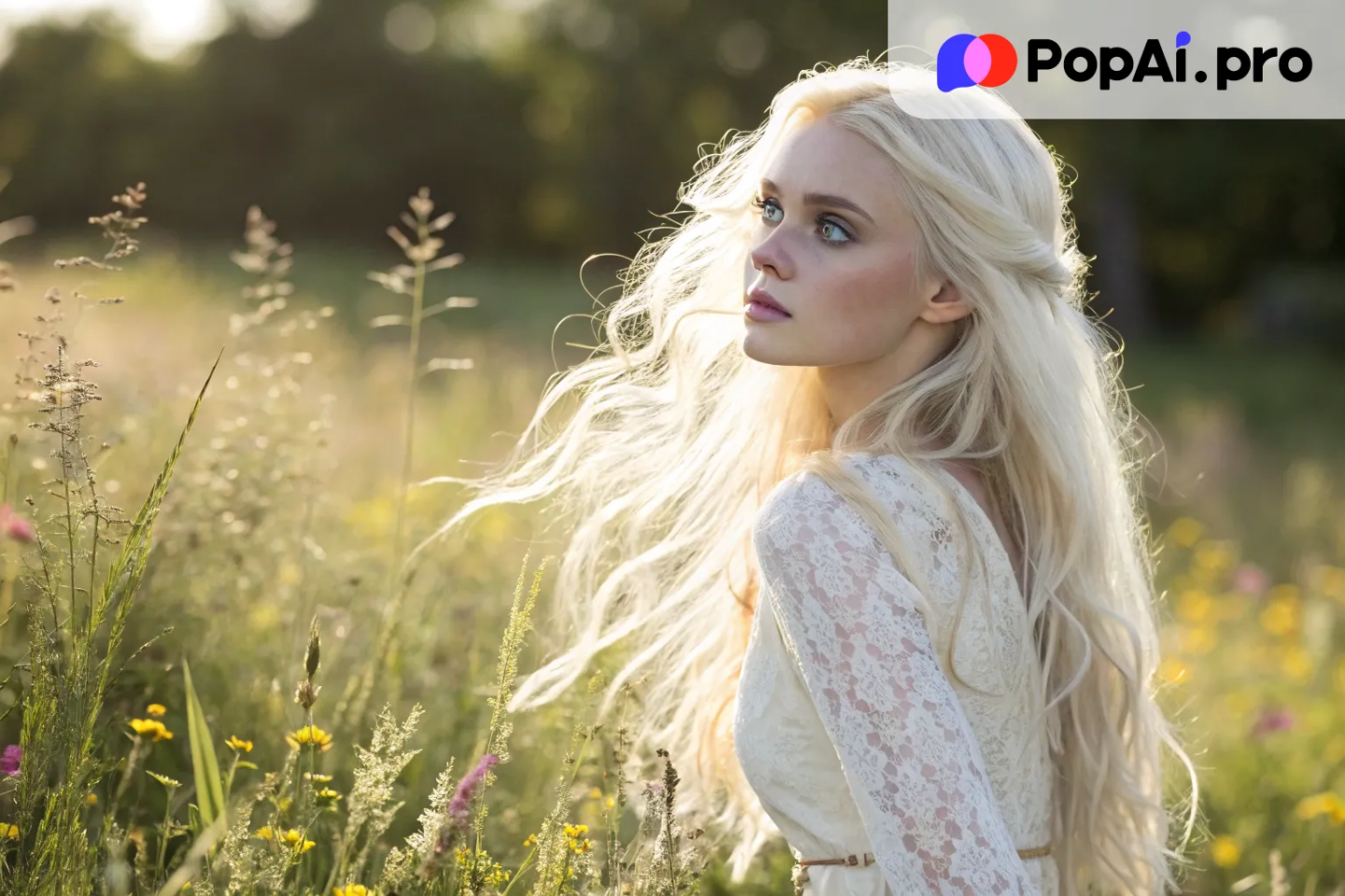 A mesmerizing beauty with radiant golden hair cascading in loose waves