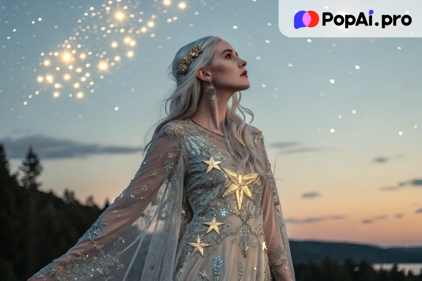 A celestial beauty with waist-length silver hair and luminous amber eyes