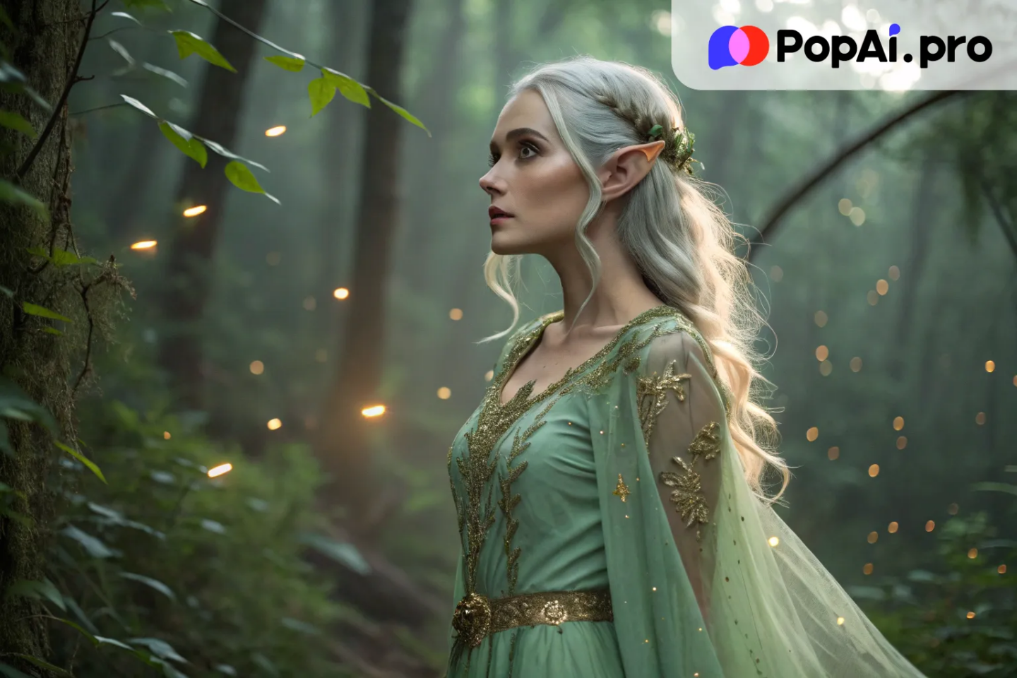 An enchanting elven princess with glowing silver hair, piercing emerald eyes