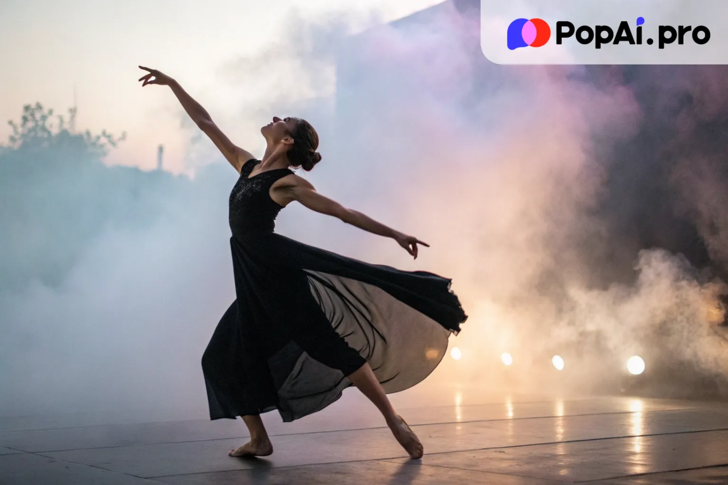 A female contemporary dancer in a flowing black dress