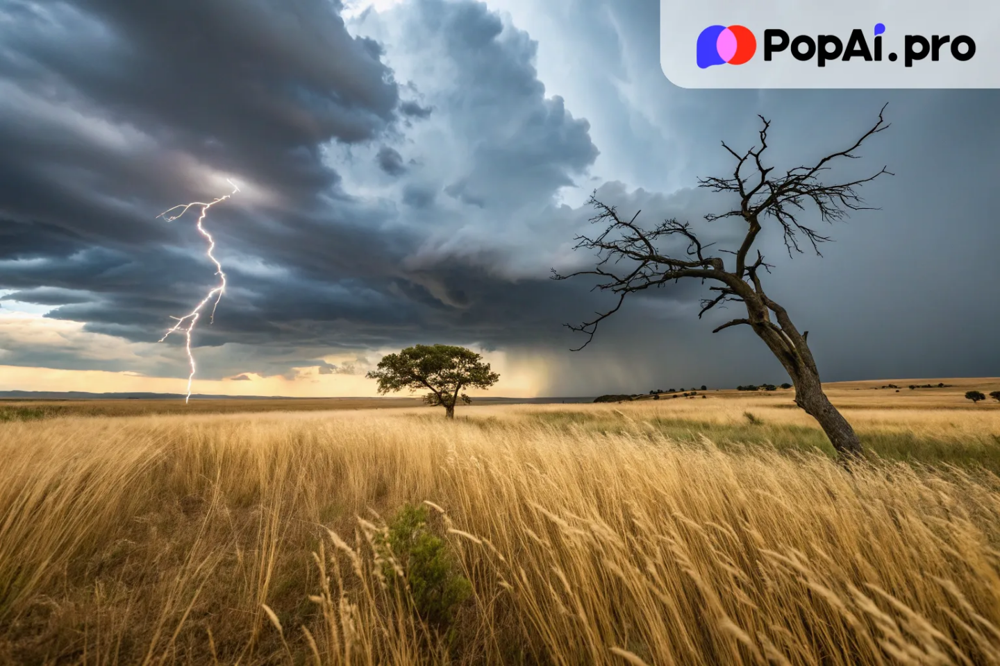 A dramatic open grassland under a vast, stormy sky