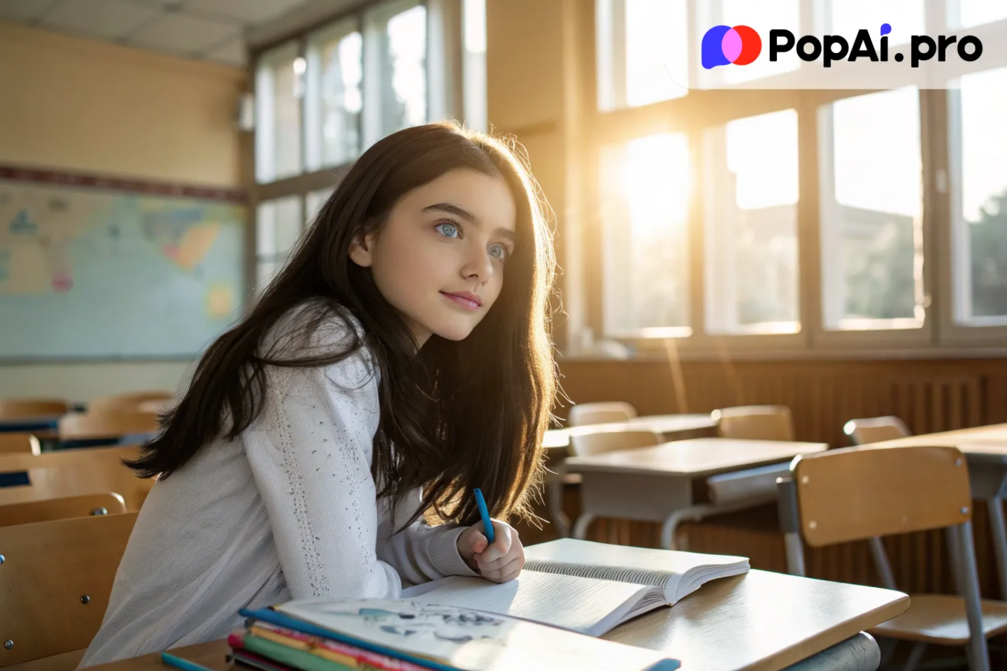 A schoolgirl sitting in a sunny classroom