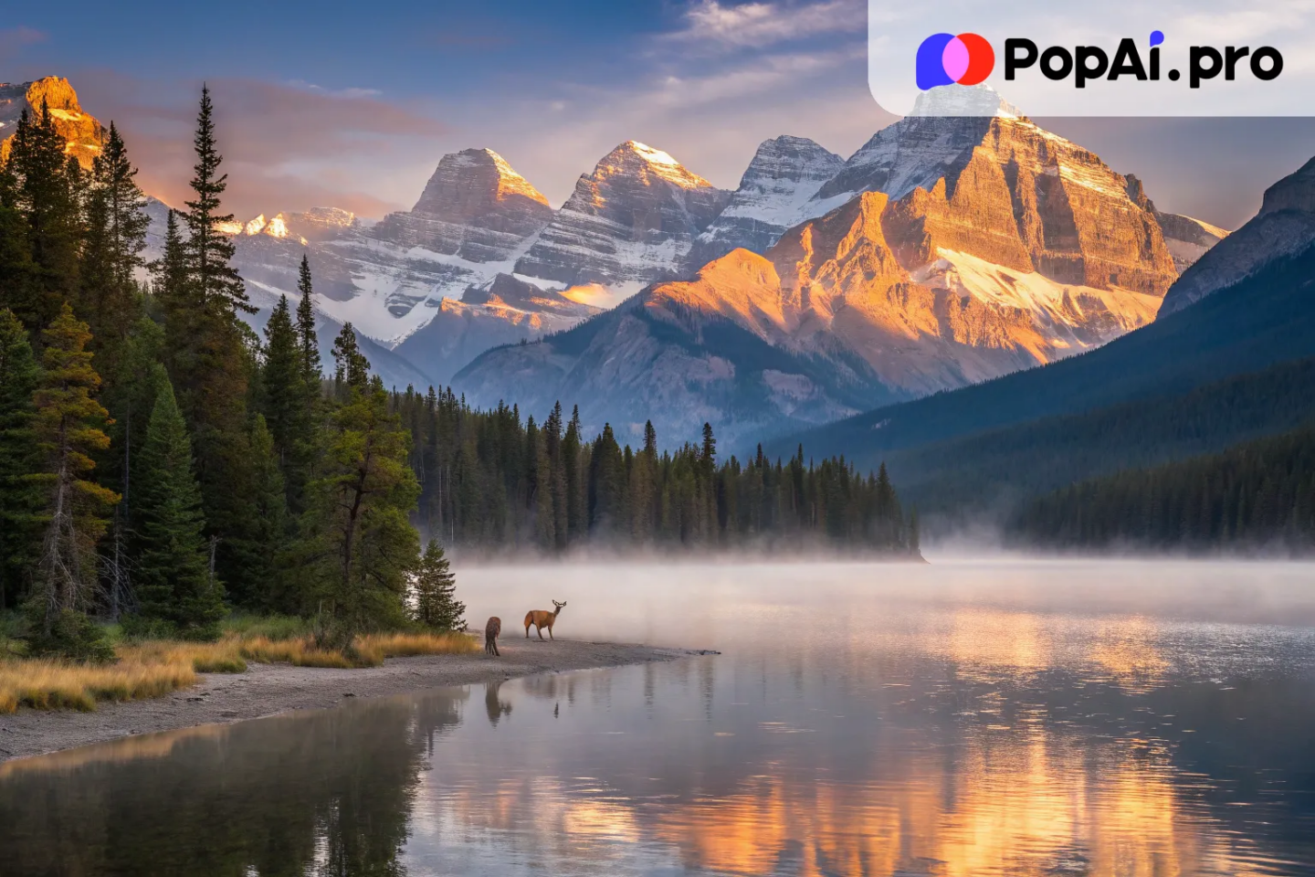 A serene alpine lake at sunrise, surrounded by towering, snow-capped mountains
