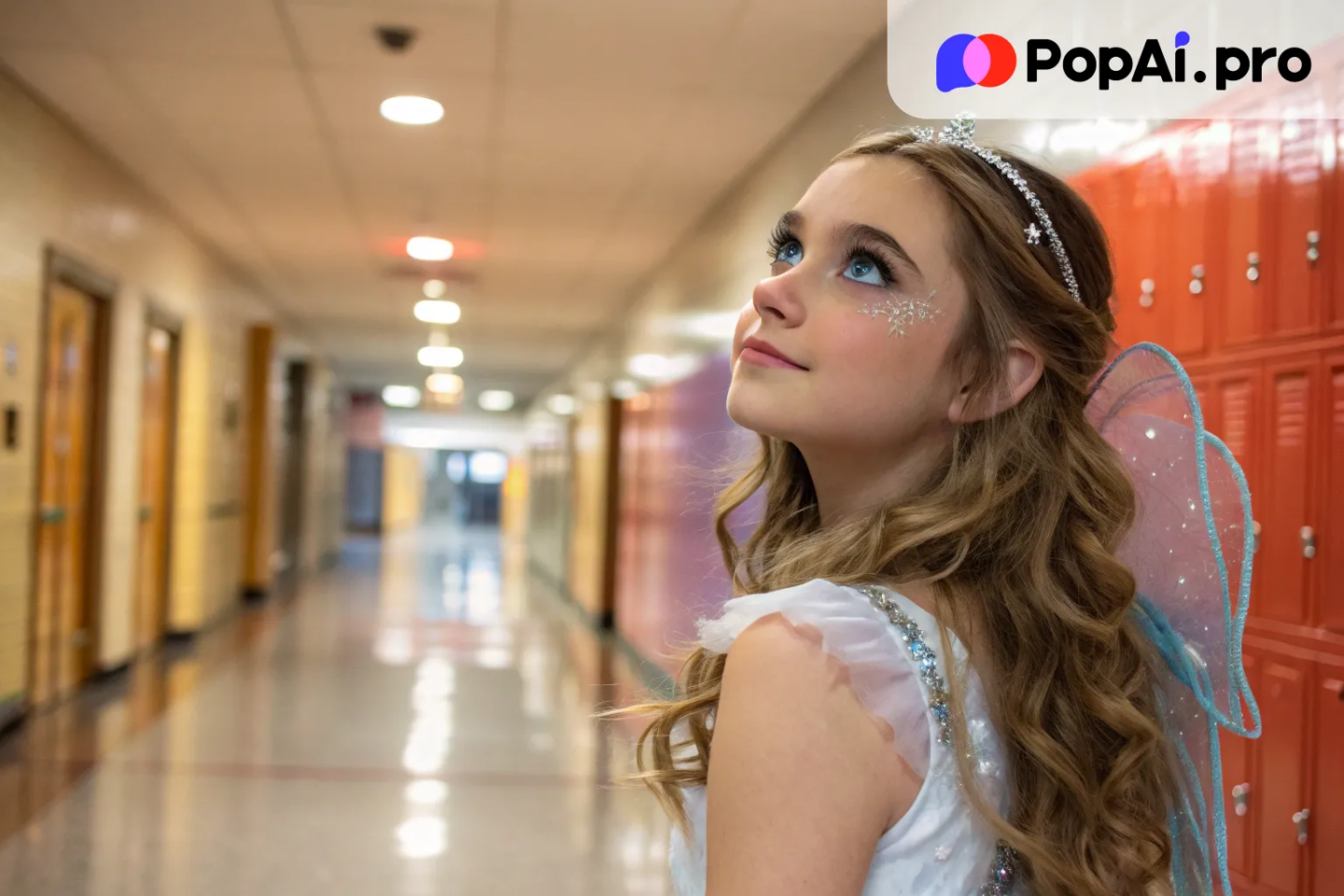 a girl in a school hallway.