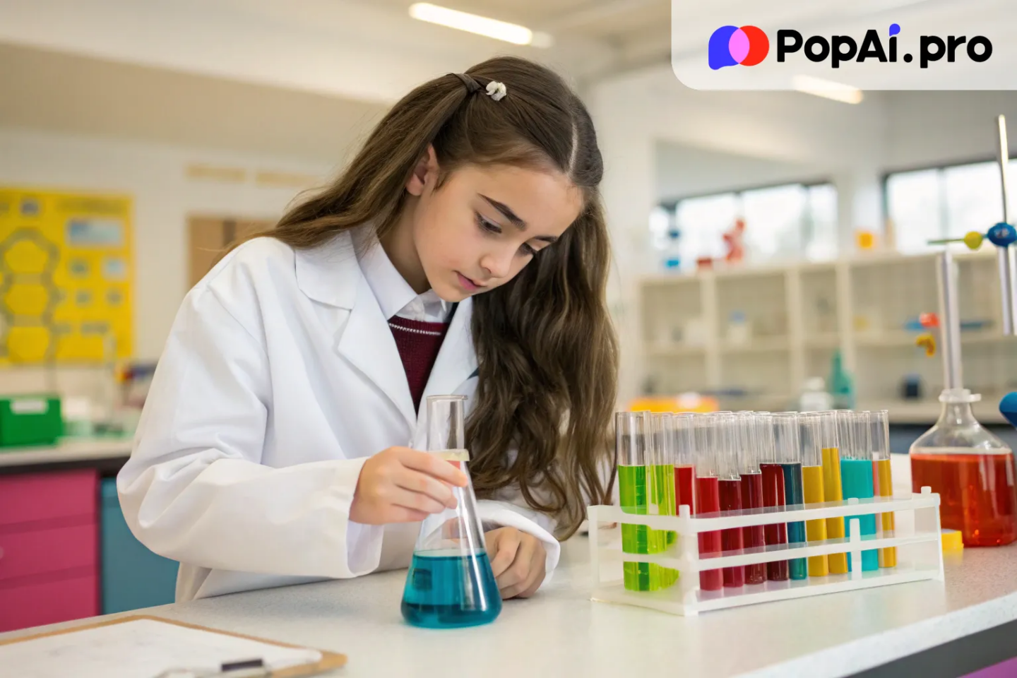 A stunning girl in the school lab