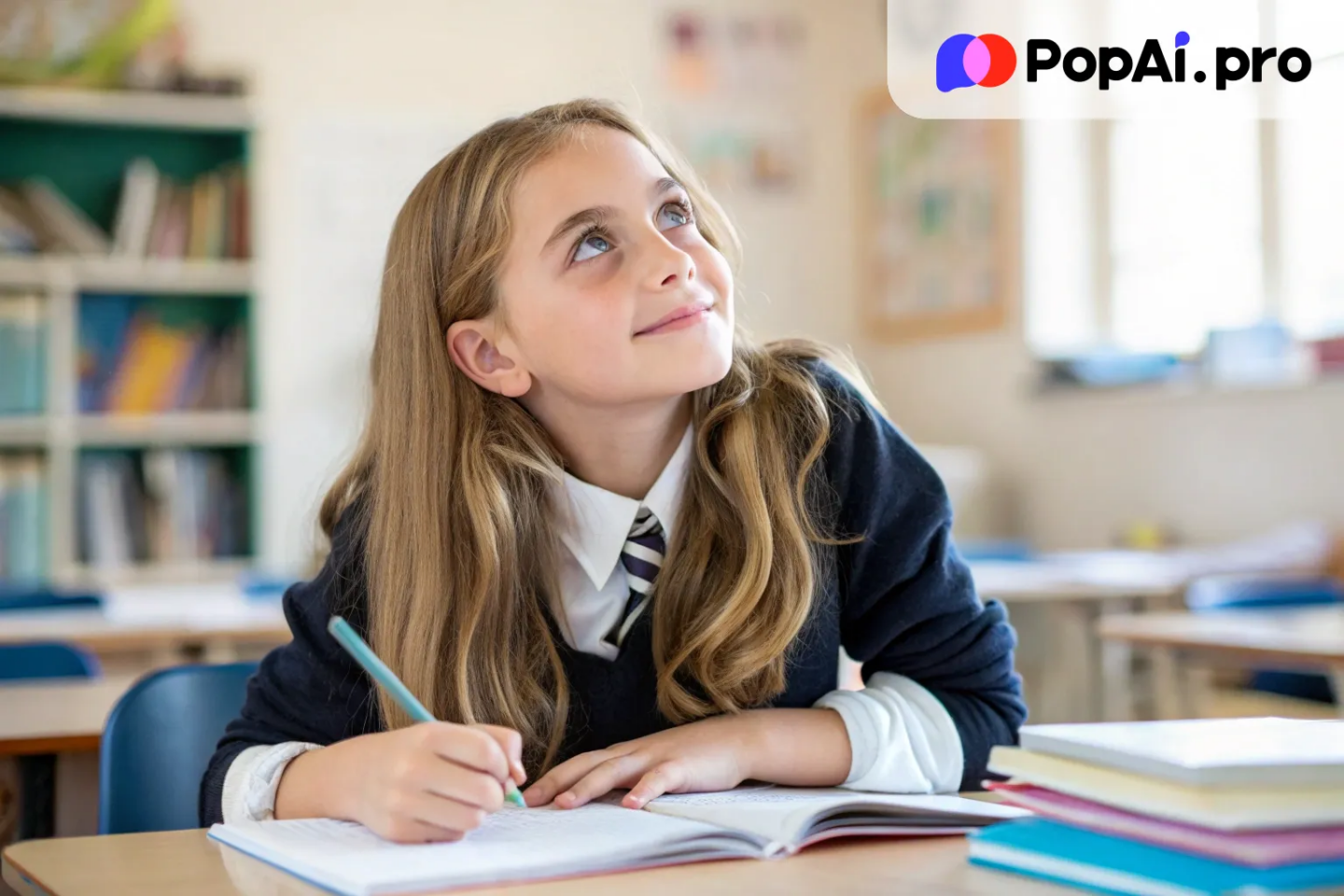 A beautiful girl sitting at a school desk