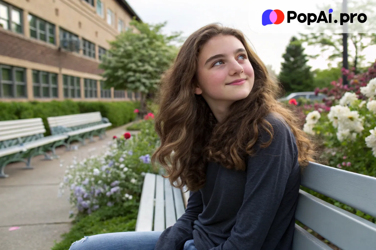 A stunning girl sitting at a school bench