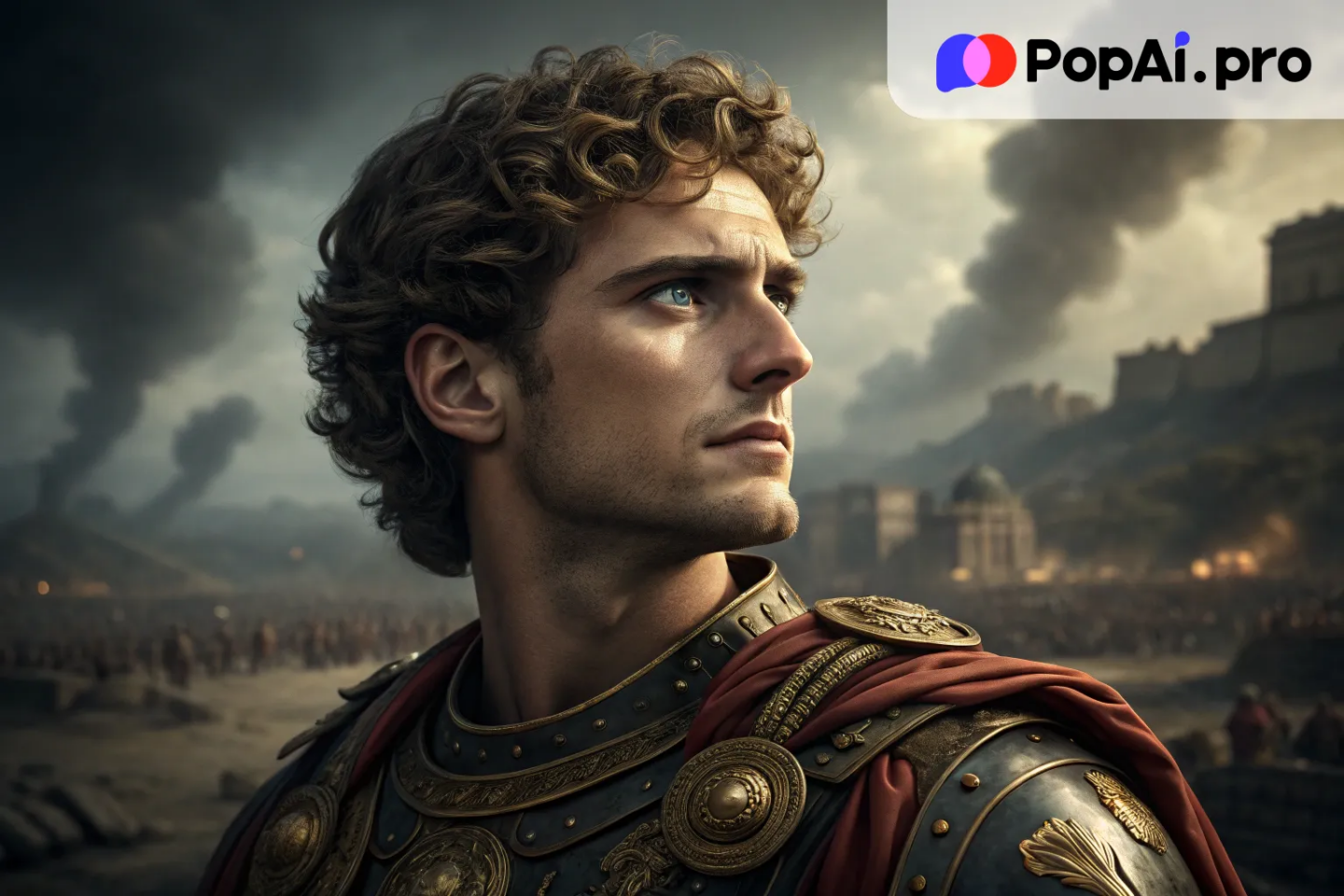 A close-up of Alexander the Great, his facial features regal and powerful