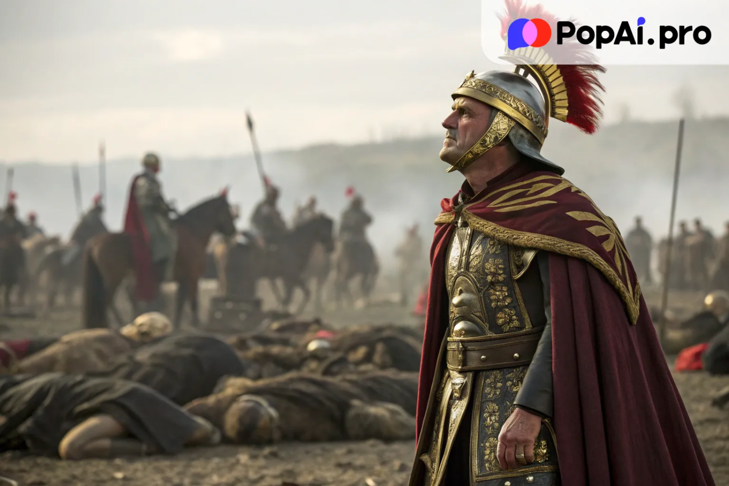 Alexander the Great standing triumphantly in front of his army after a victory