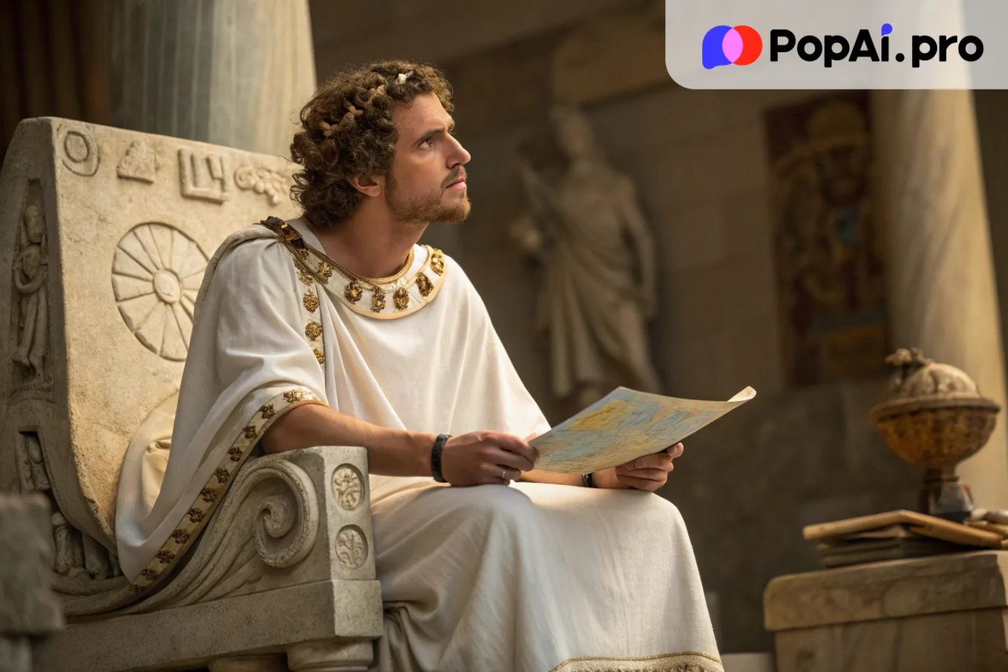 A peaceful, contemplative image of Alexander the Great sitting on a stone throne