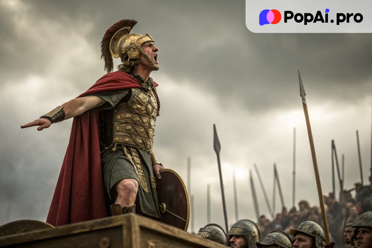 A dramatic image of Alexander the Great addressing his troops before battle