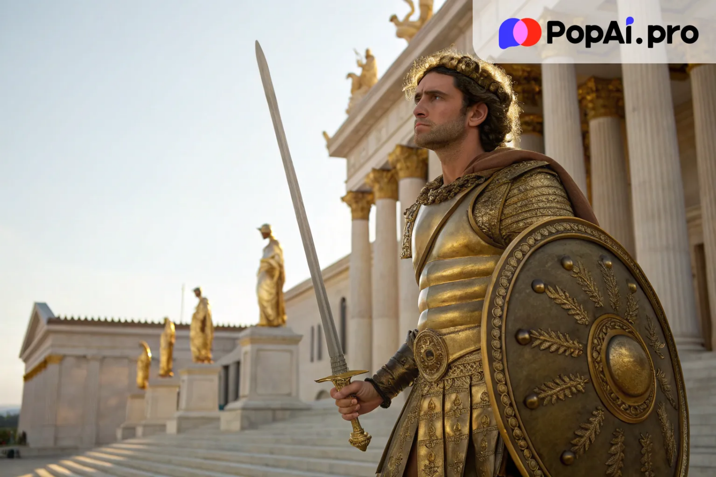 Alexander the Great in royal attire, holding a sword in one hand