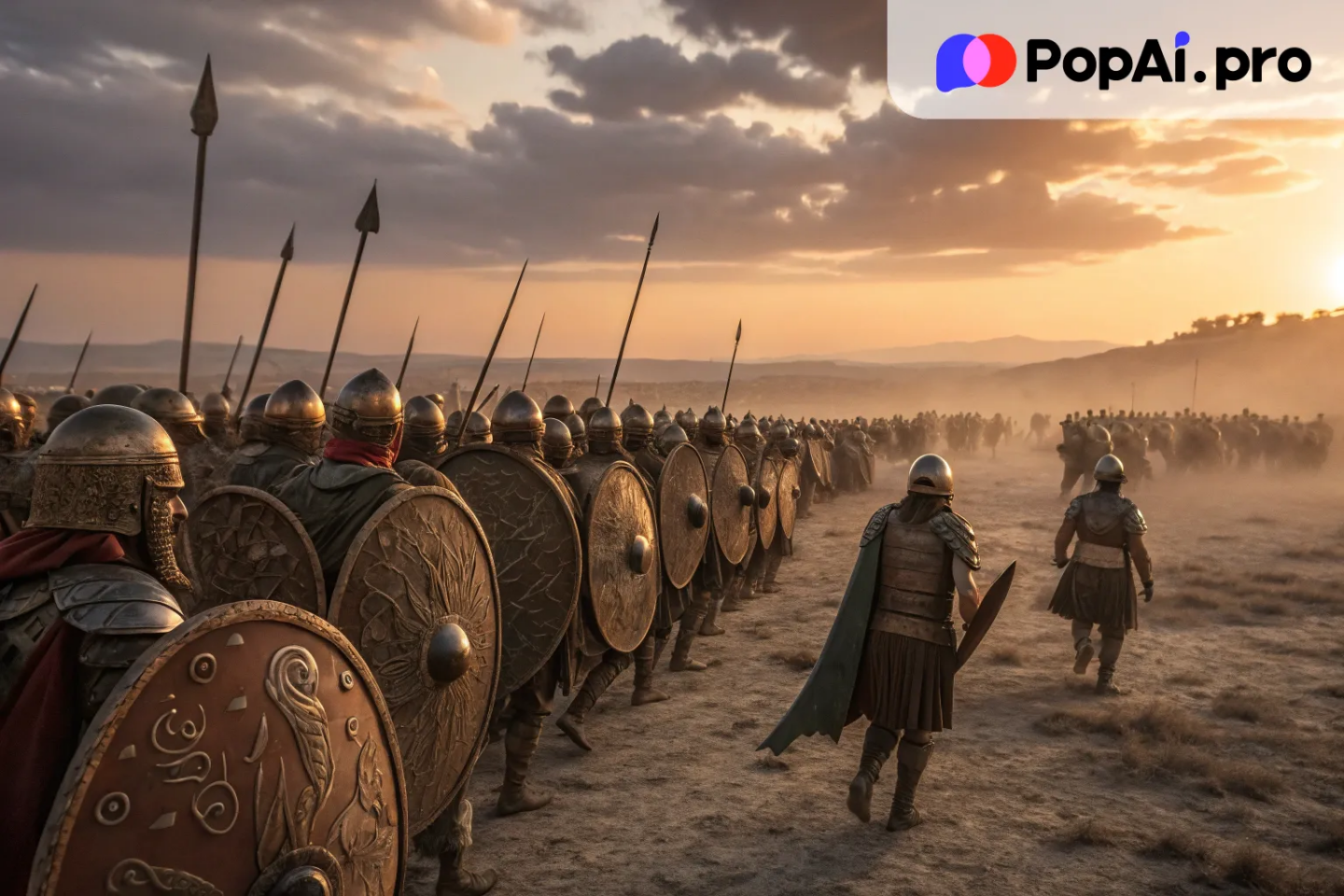 A vast army of ancient soldiers marching across a barren battlefield