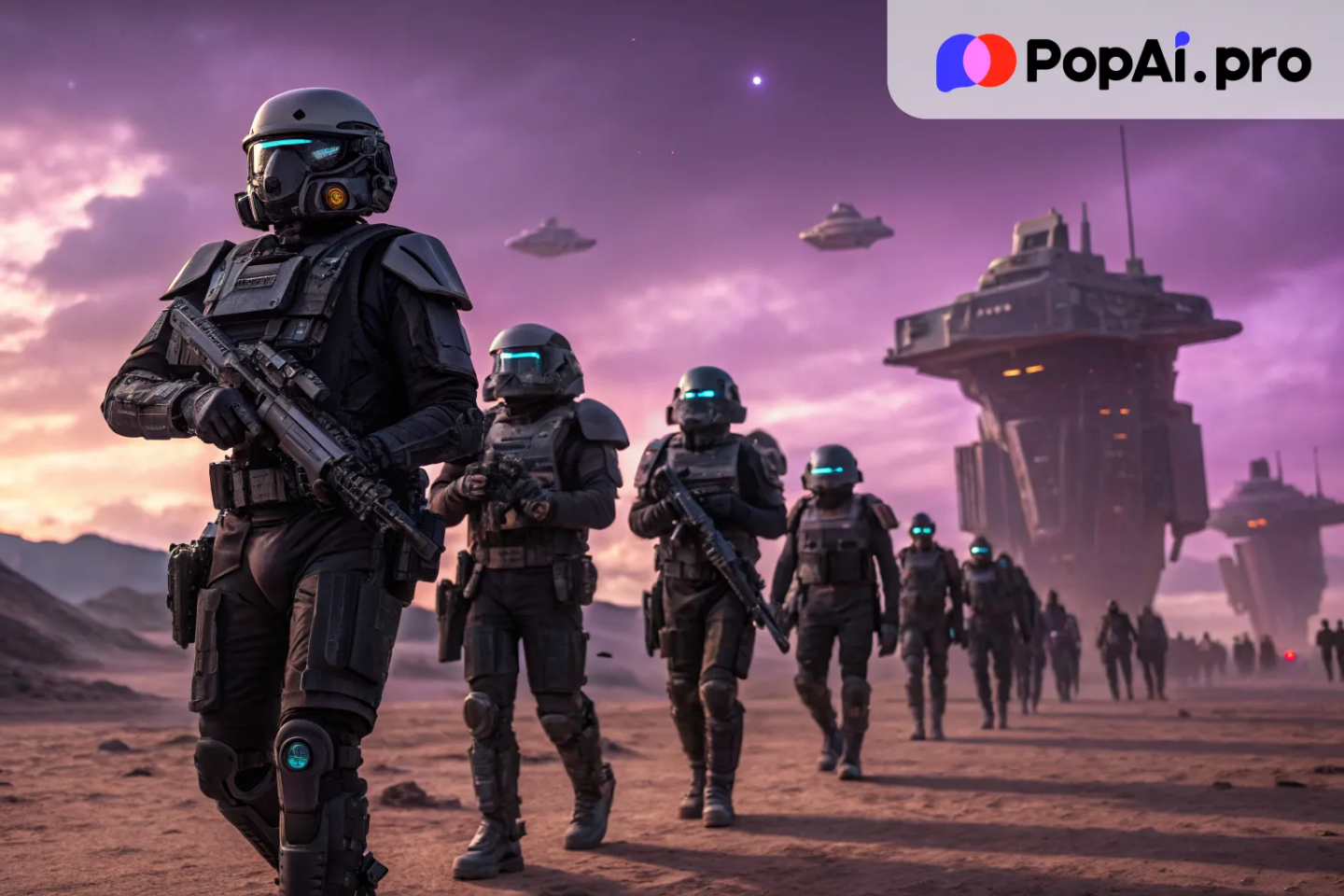 A futuristic army of soldiers in sleek, high-tech armor