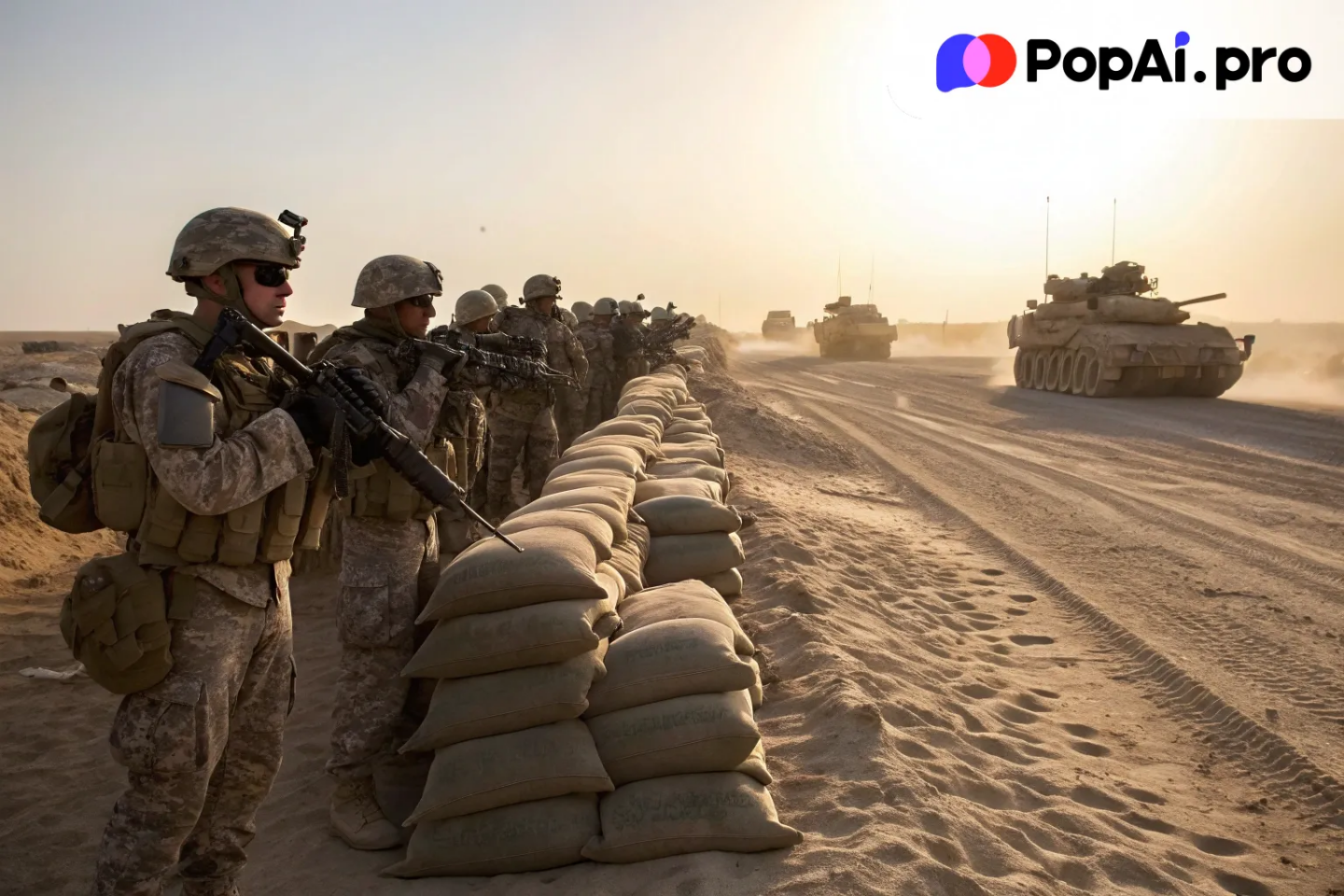 A large modern military army lined up in a desert environment
