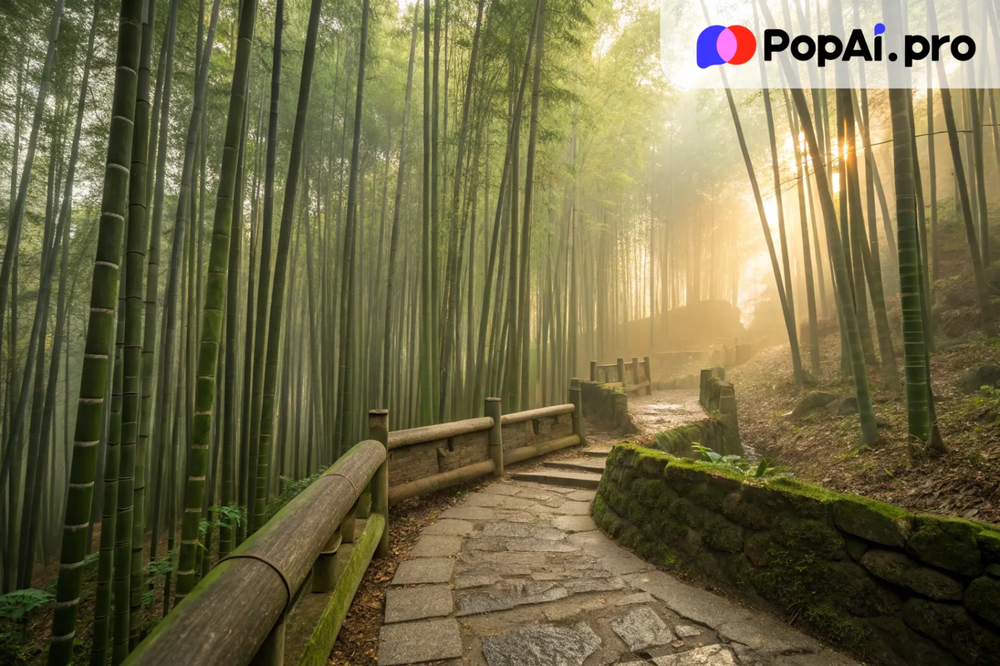 A serene and tranquil bamboo forest at dawn