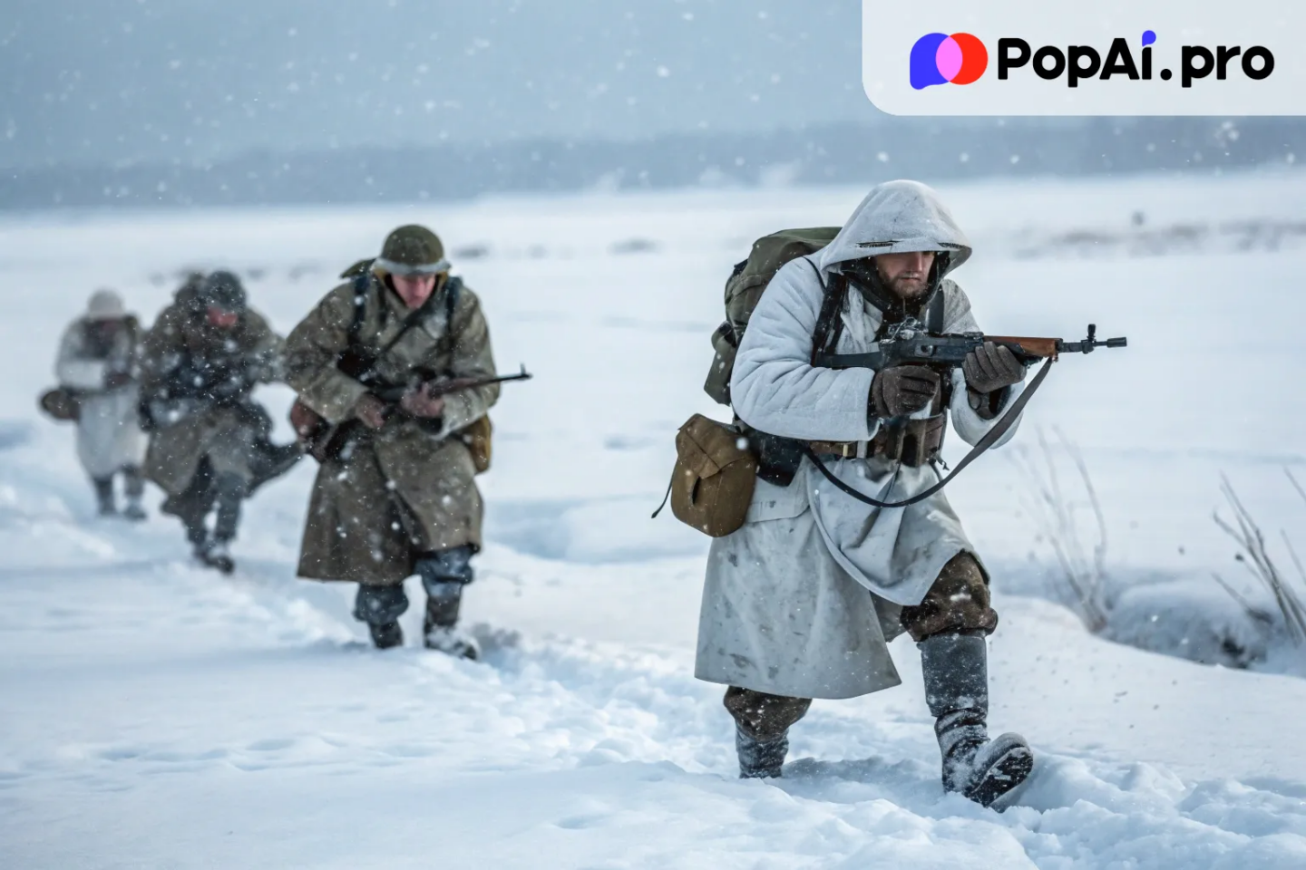 An army of World War II soldiers advancing on a snowy battlefield