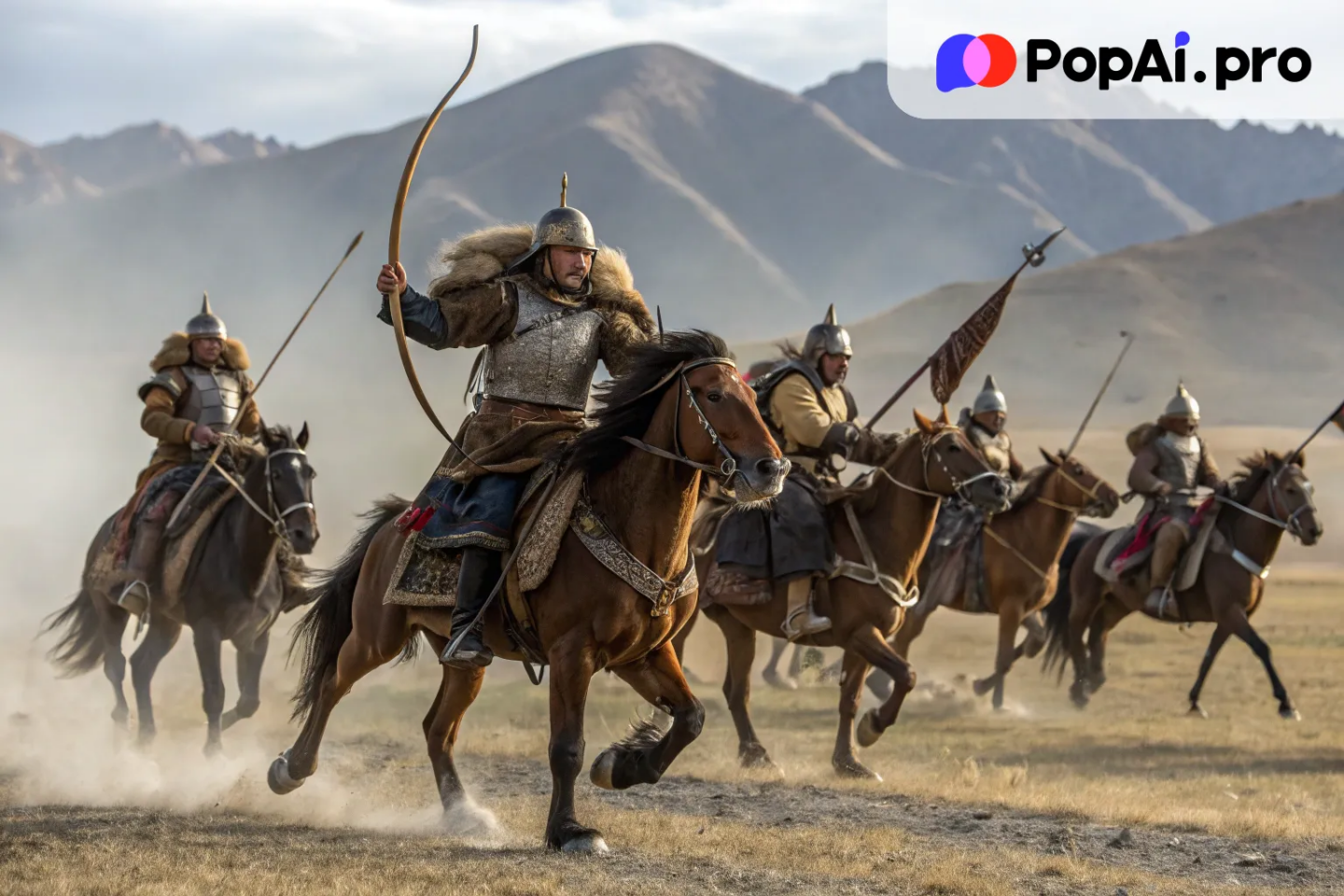 A powerful cavalry unit of Mongol warriors charging across an open plain