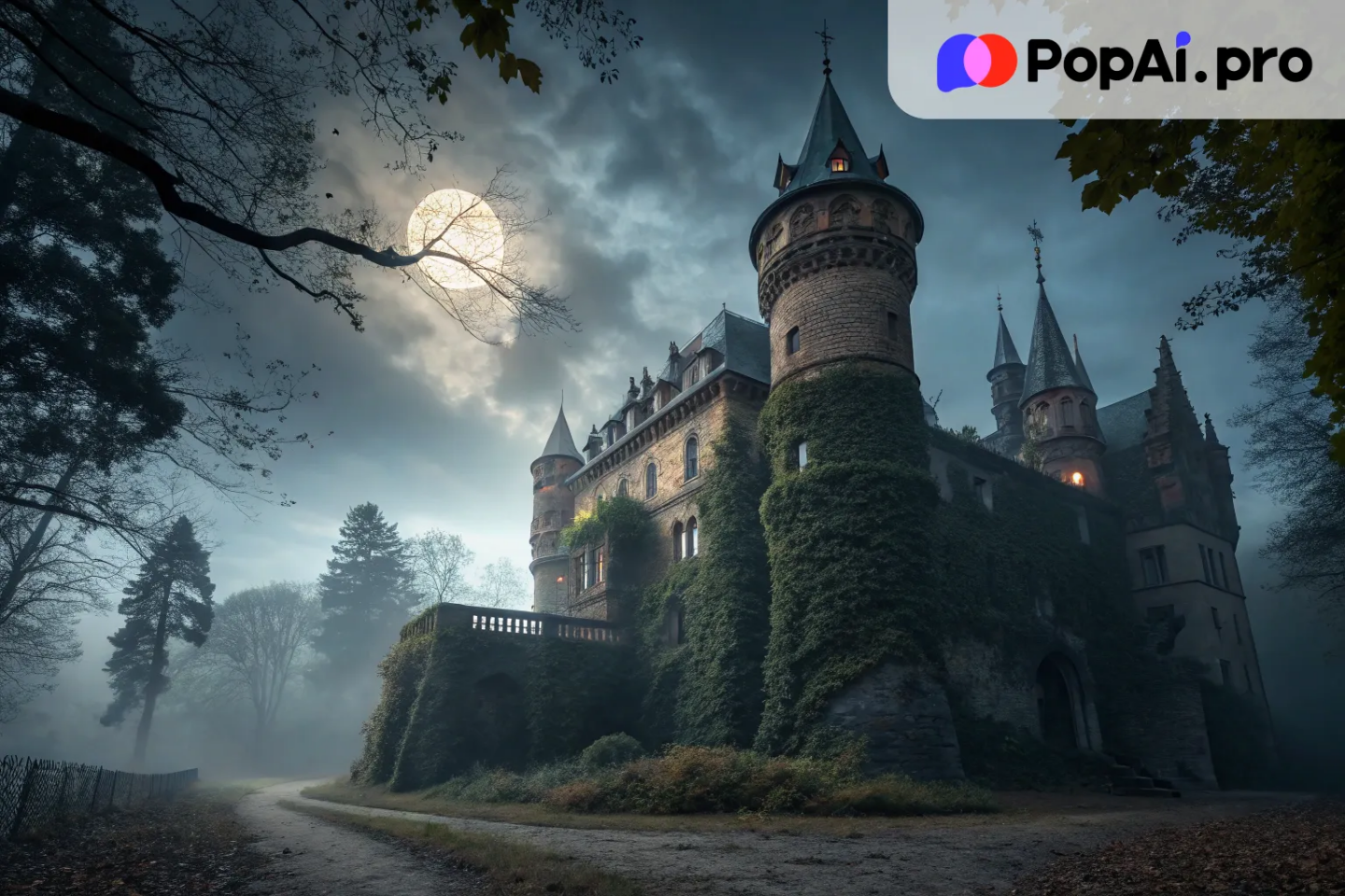 A haunted castle rising out of the fog
