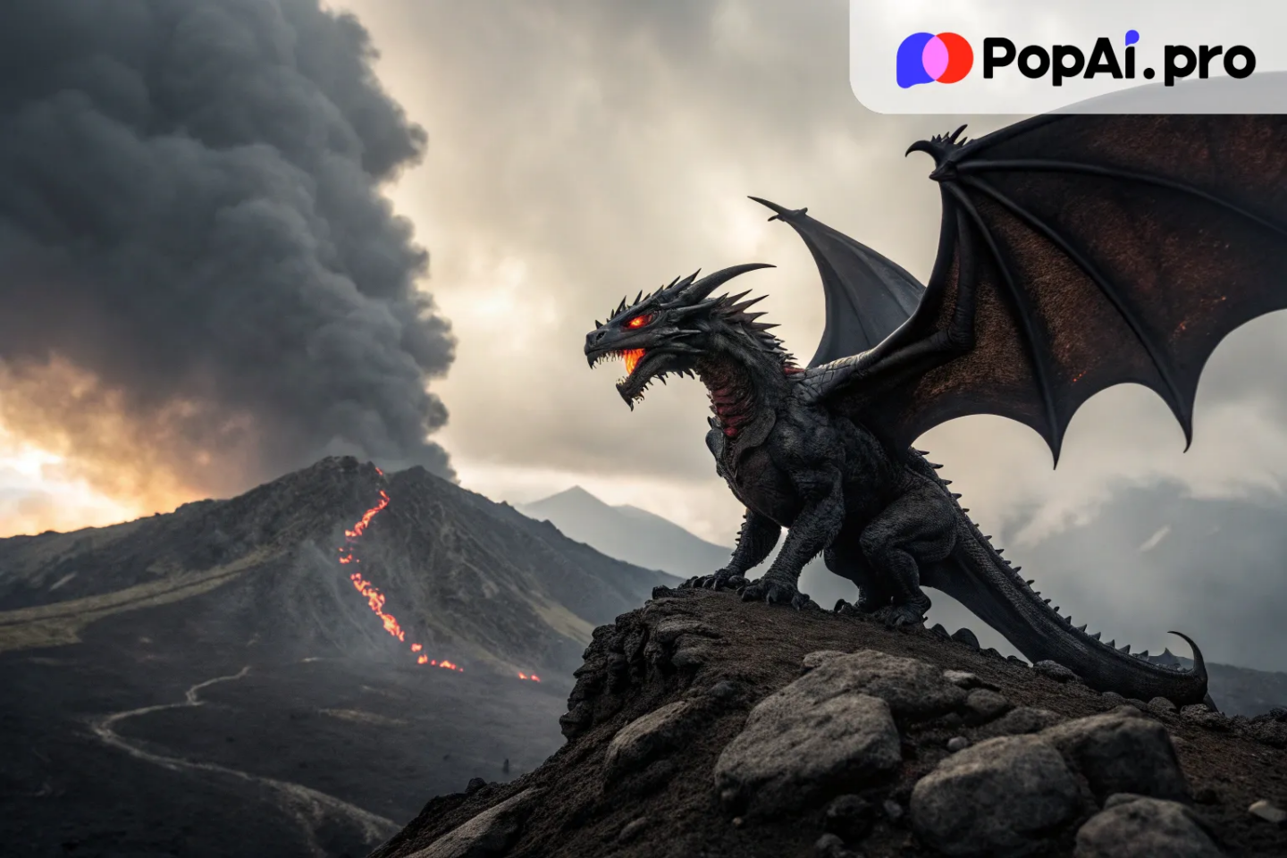 A monstrous dragon with black, obsidian scales perched atop a mountain peak