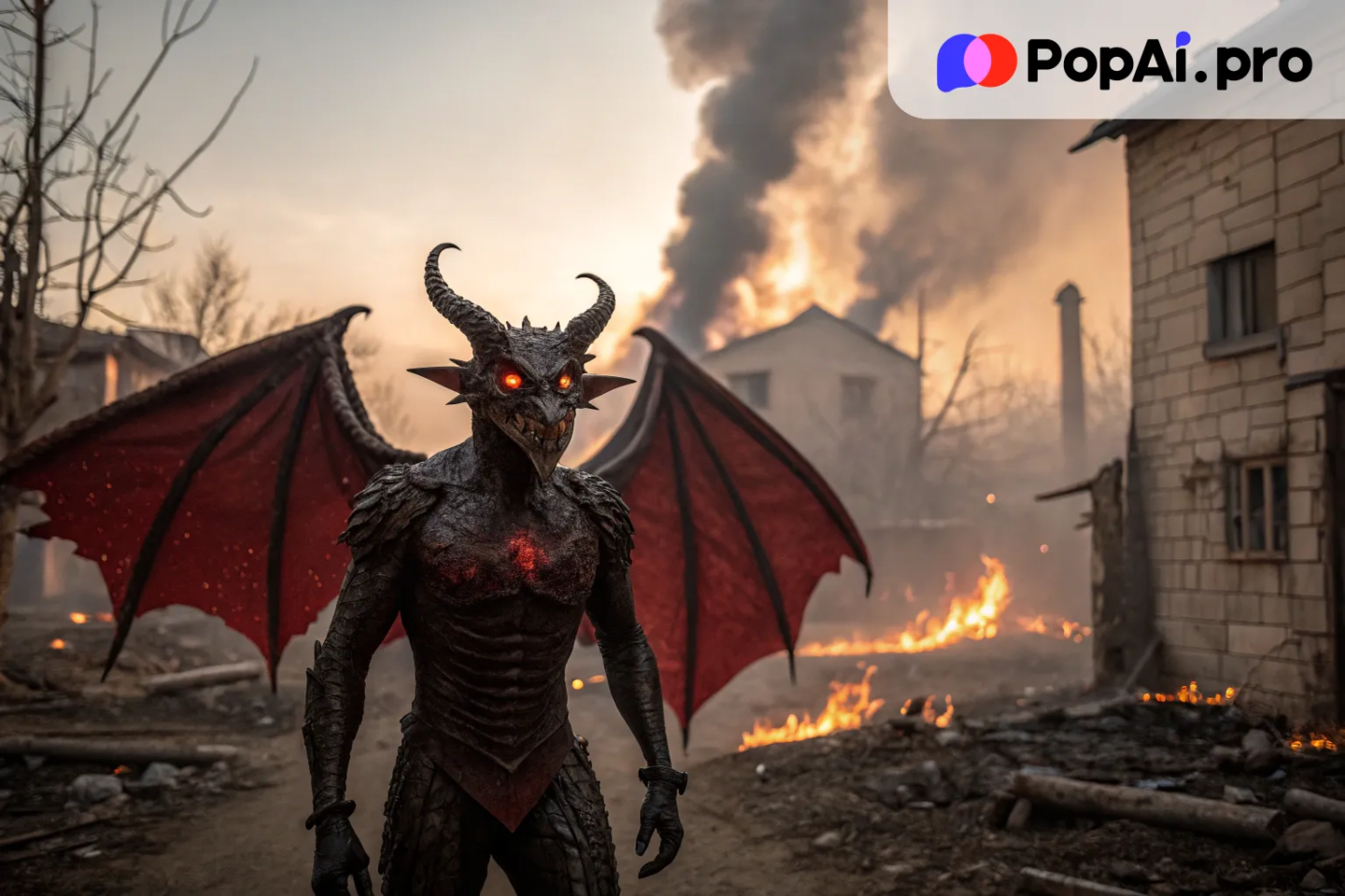 A demonic creature with red, leathery wings and glowing eyes