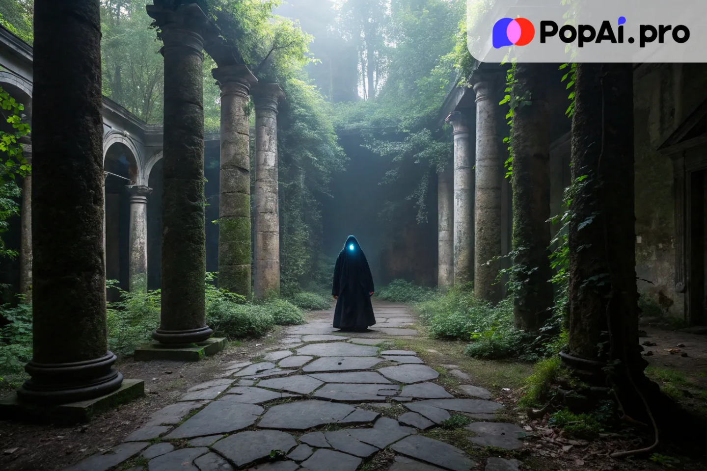 A shadowy, ethereal being standing in the middle of an abandoned, overgrown temple