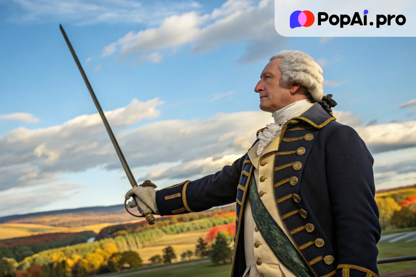 George Washington in a heroic pose, his hand on his sword
