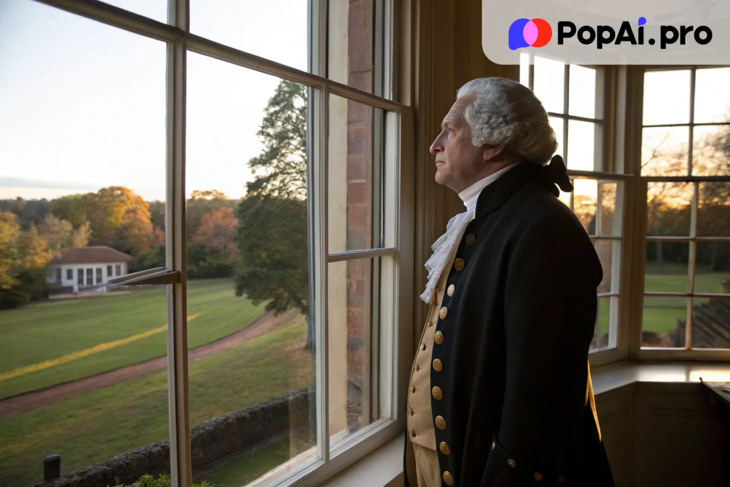 George Washington in a moment of reflection, standing by a window