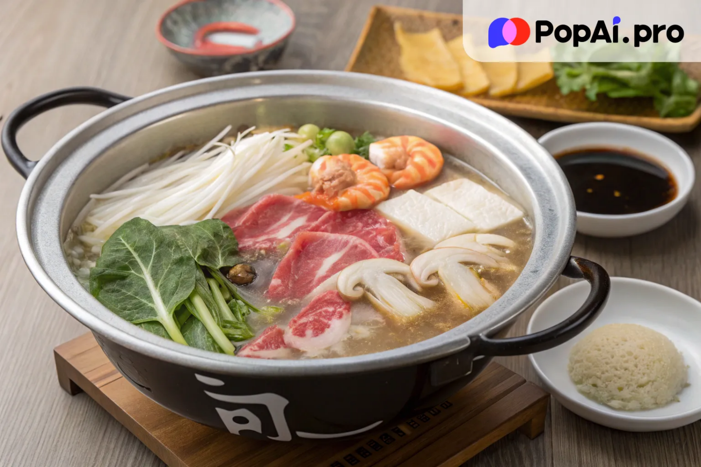 a detailed and calming image of a Japanese-style shabu-shabu hot pot
