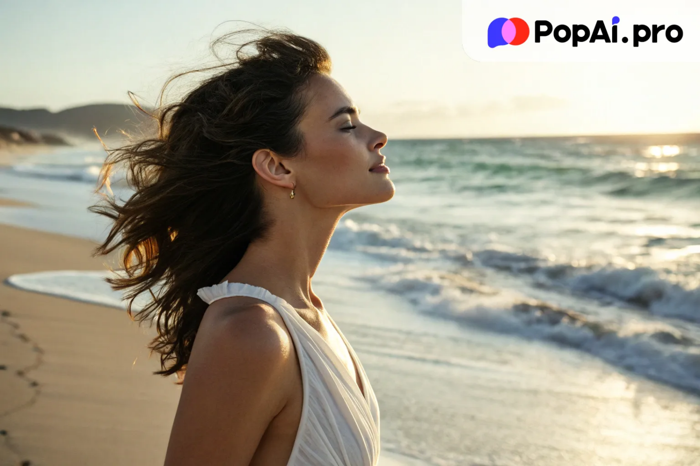 a wife standing on a sandy beach at sunrise