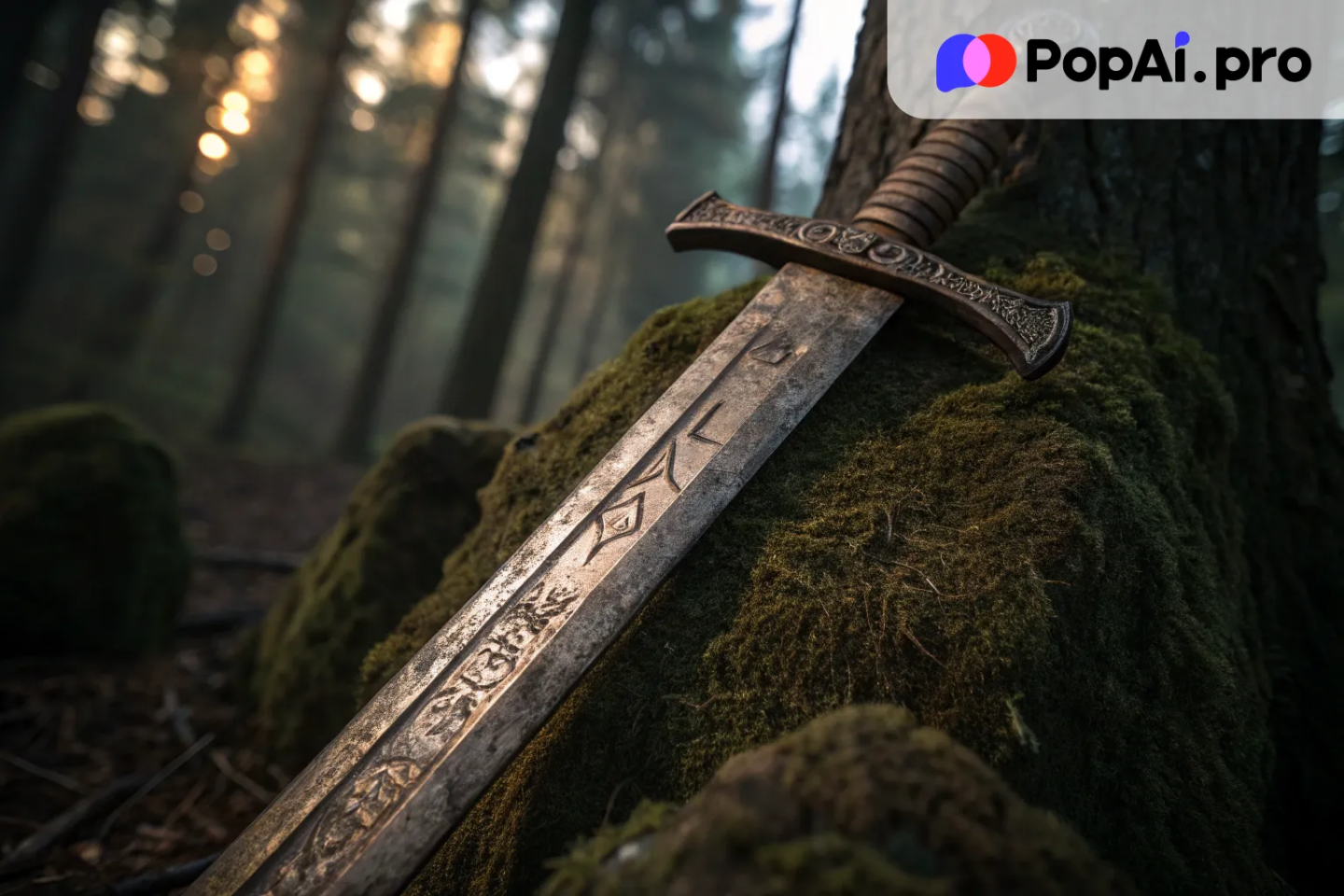 A rustic, rugged sword with detailed engravings etched into the blade