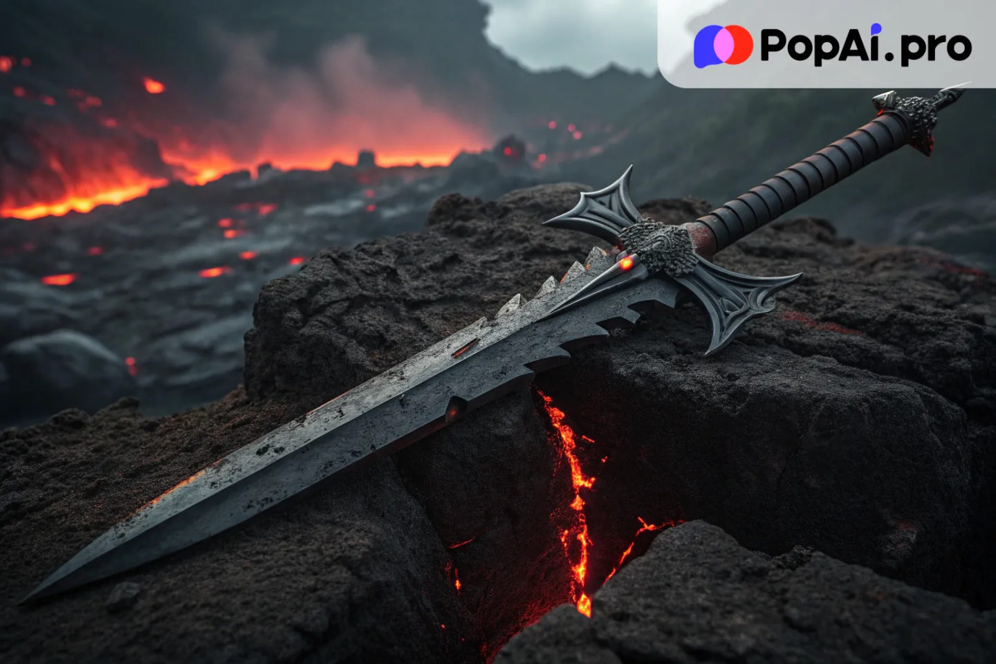 a dark, cursed sword forged in the fires of a volcano