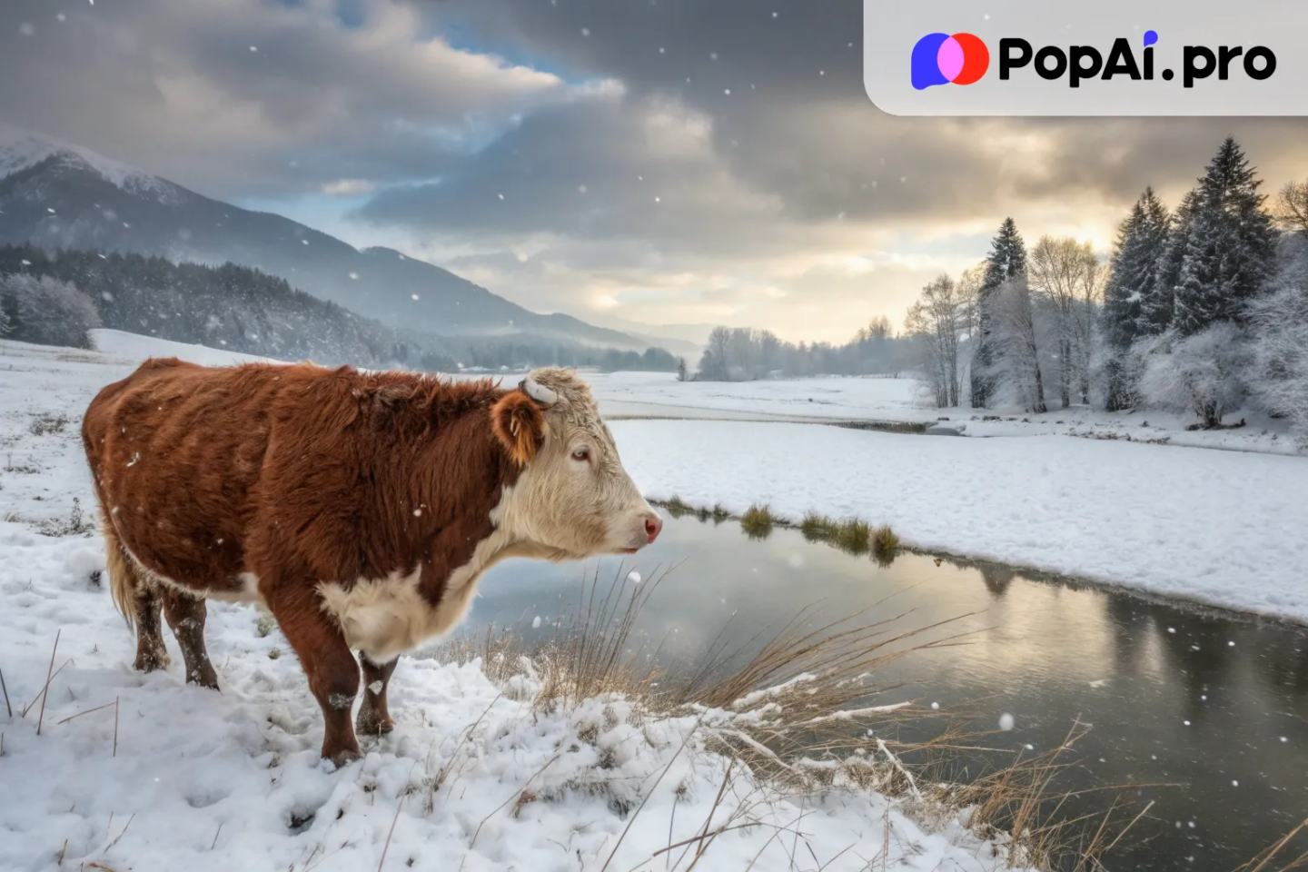 a cow in a serene, snowy landscape during winter