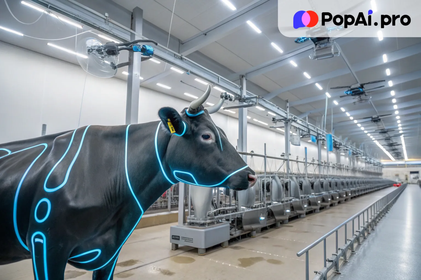a futuristic, robotic cow in a high-tech farm setting