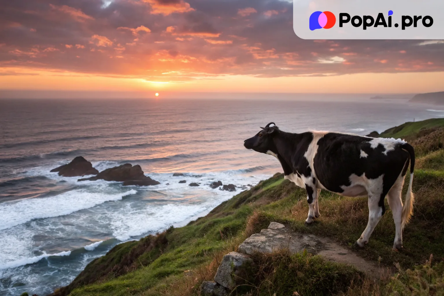 a cow standing on a cliffside overlooking the ocean at sunset