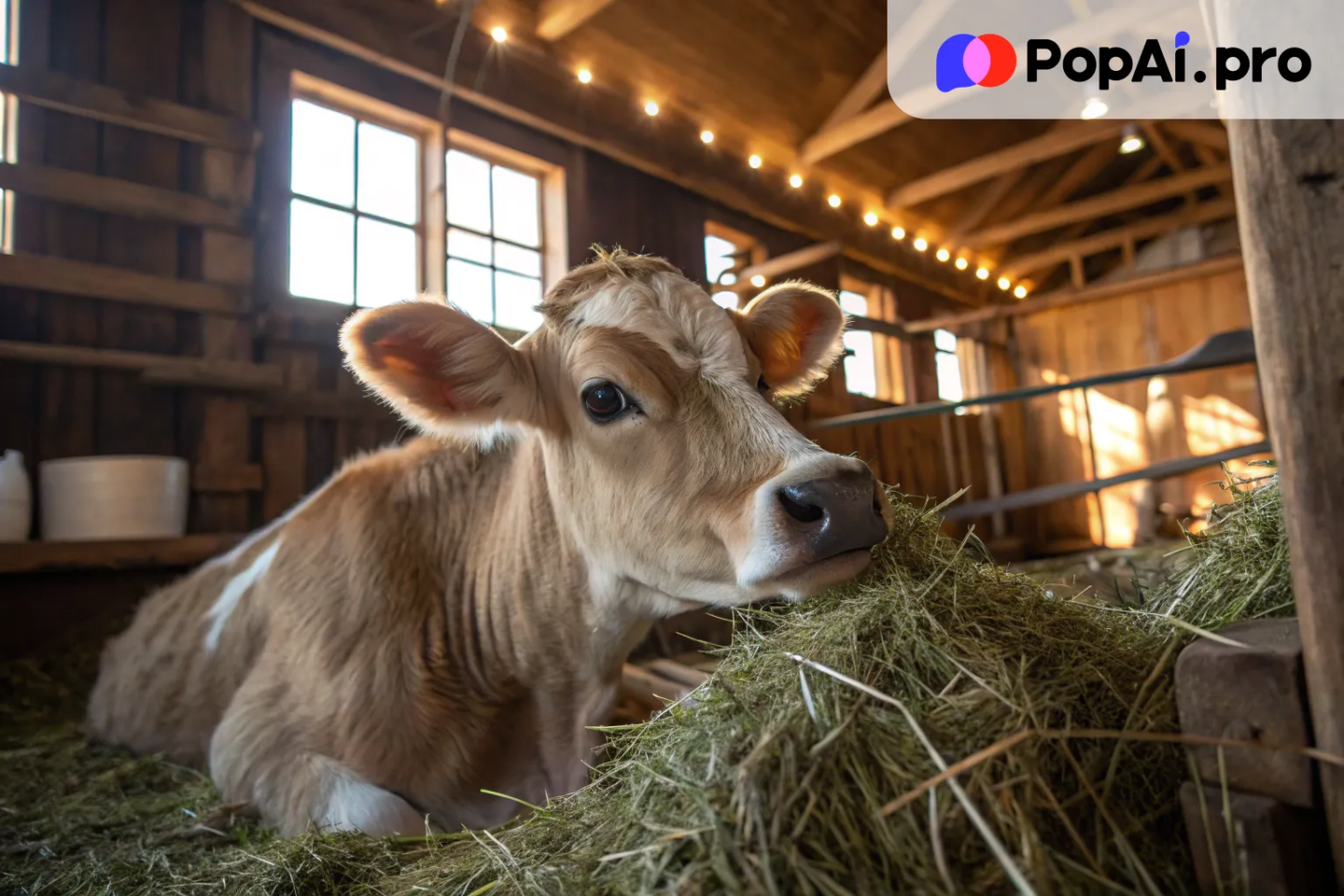 a cow in a cozy barn, surrounded by soft hay