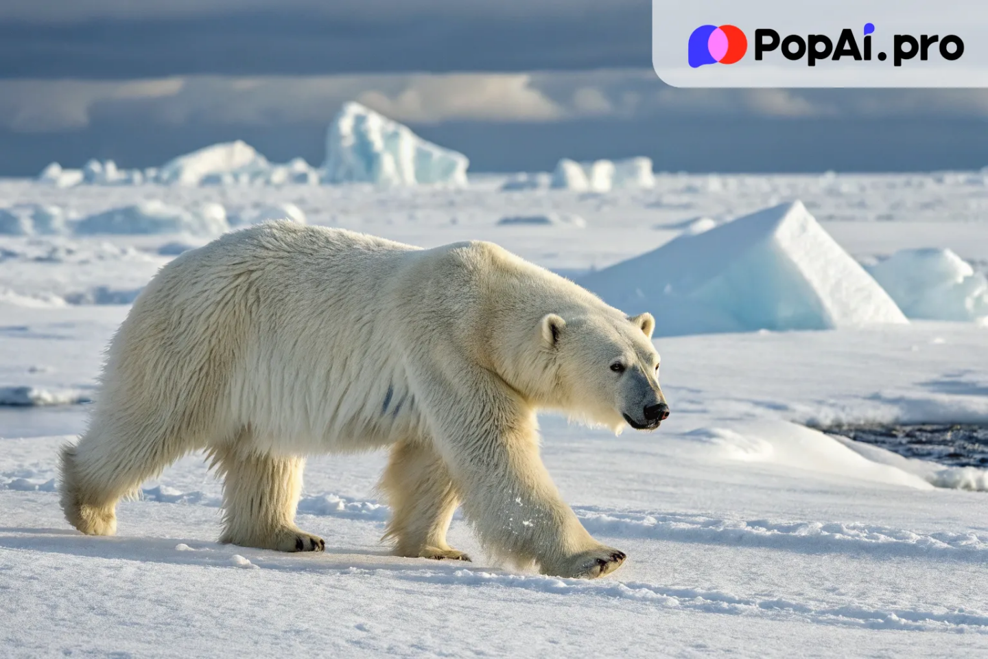 A powerful polar bear in the Arctic, walking slowly