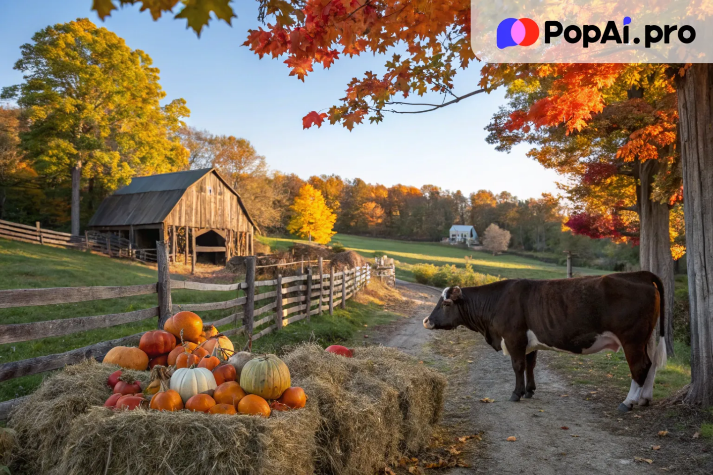 a cow in an idyllic farmyard during autumn