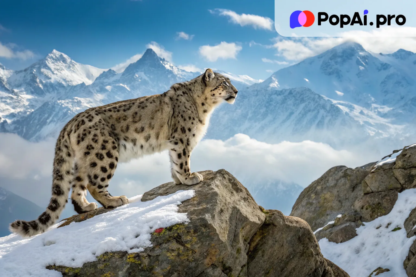 A sleek snow leopard standing on a rocky peak