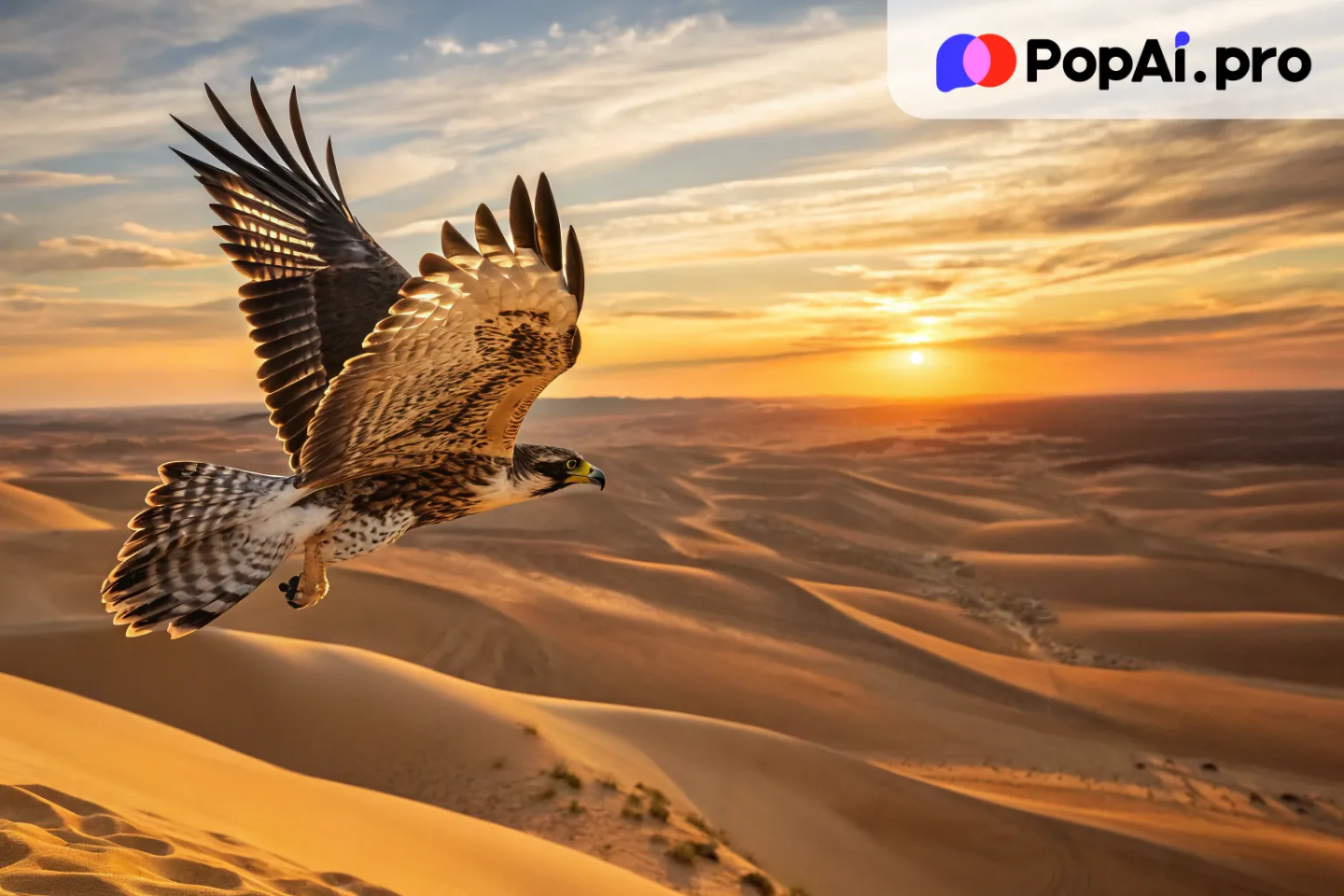 A magnificent falcon soaring through the golden skies above a vast desert
